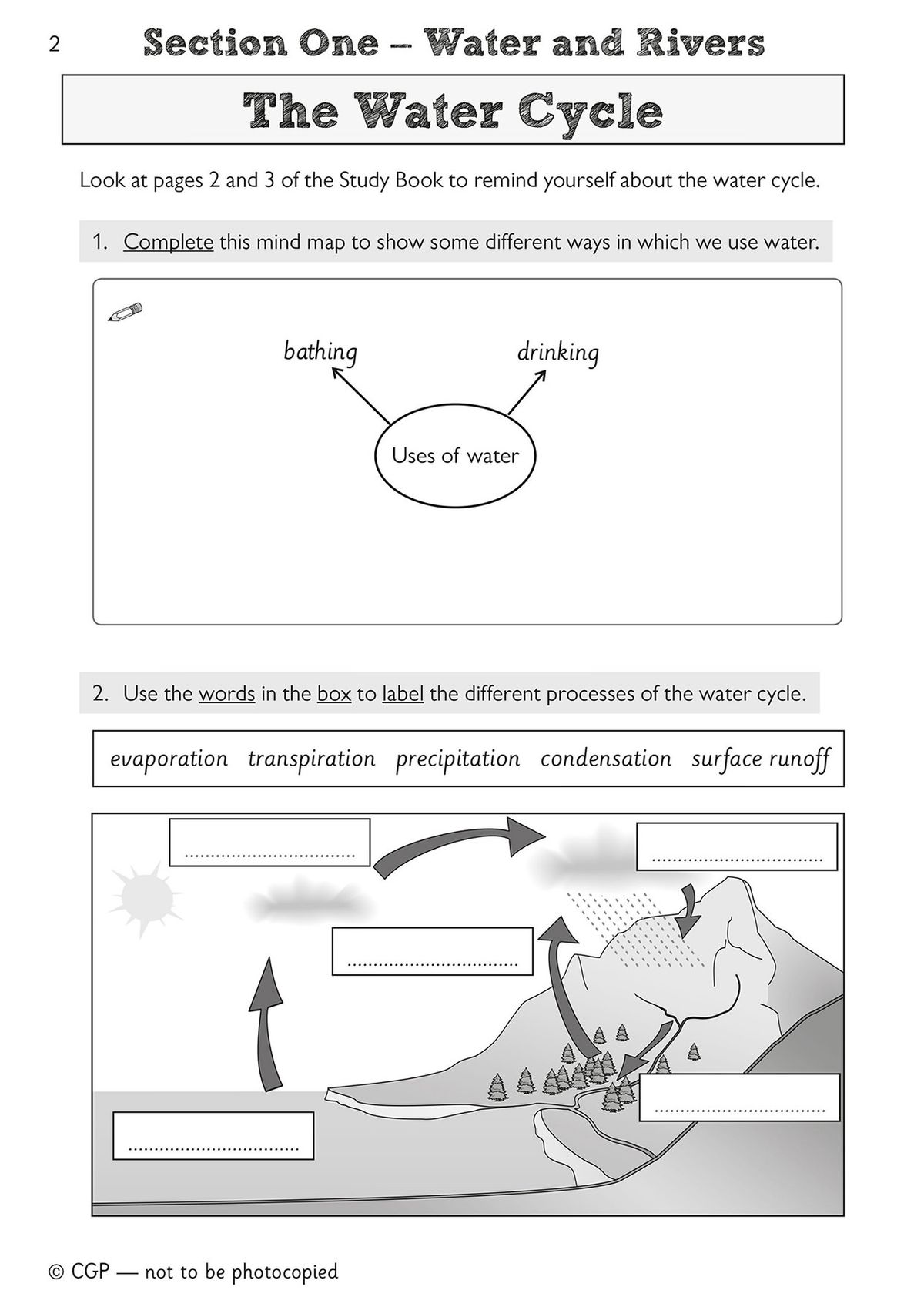 Rivers activity page covering water uses and the water cycle processes