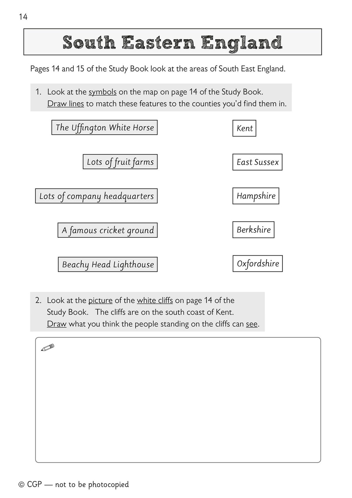 Activity page on South Eastern England with matching tasks and drawing exercises