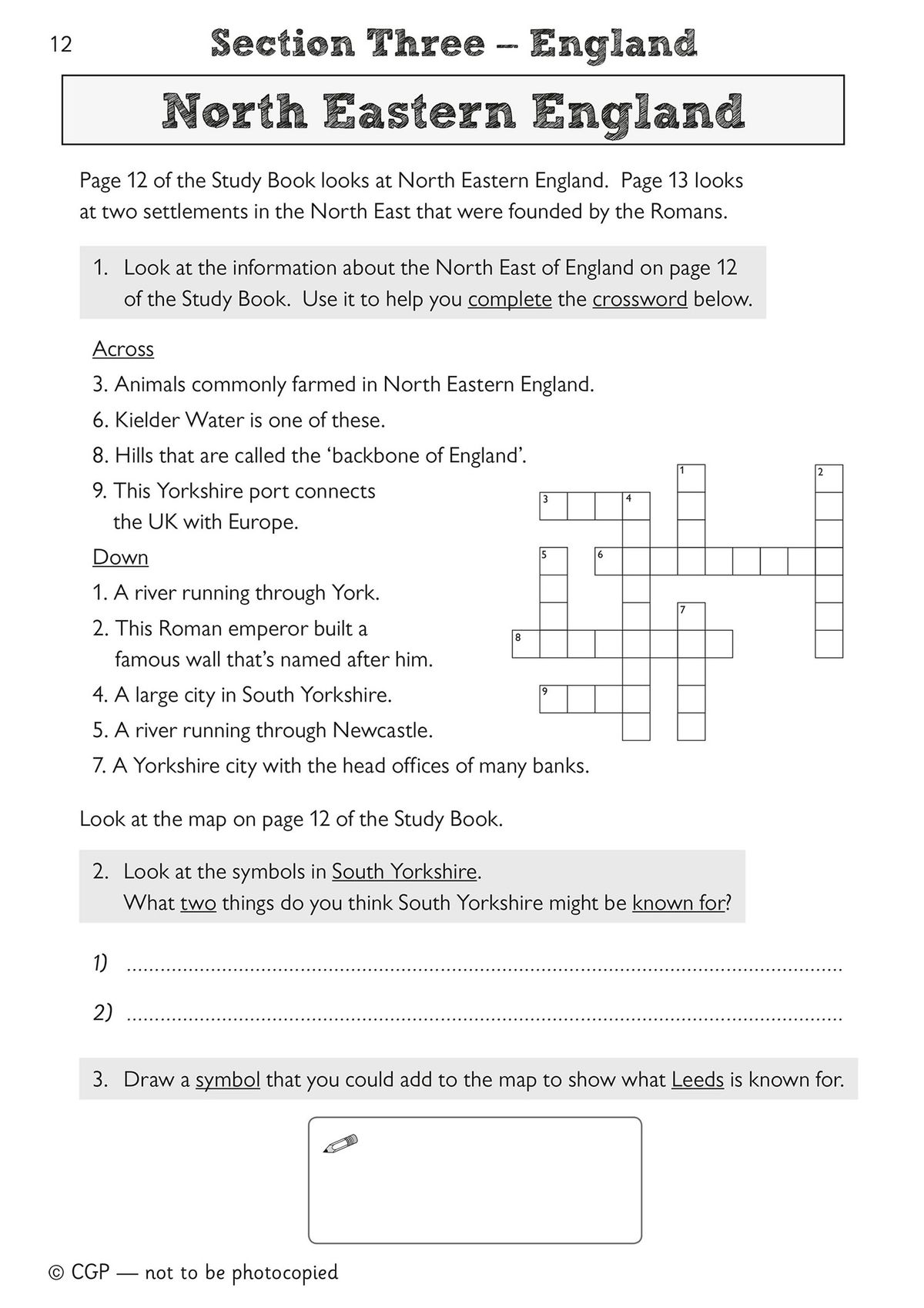 Sample activity page showing North Eastern England crossword and map questions