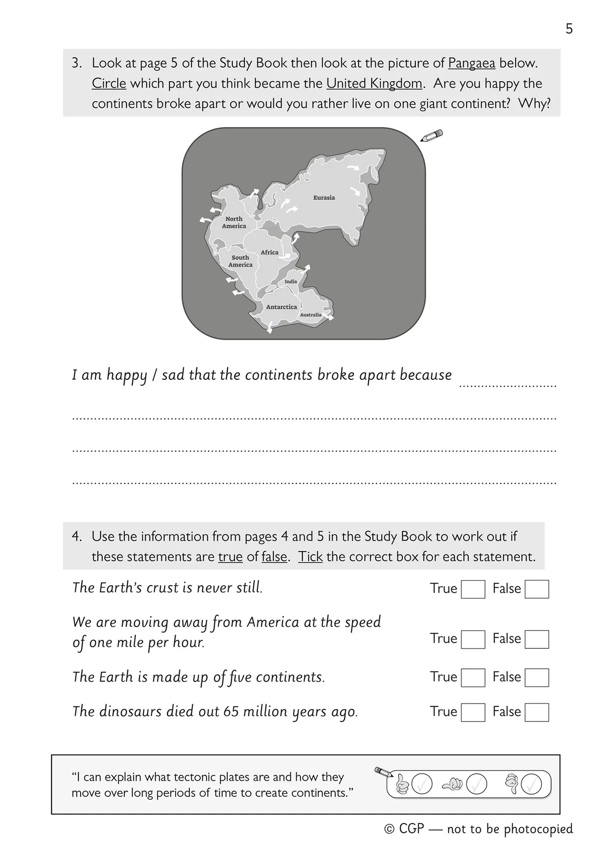 Sample activity page from the workbook featuring questions about tectonic plates and the structure of the Earth