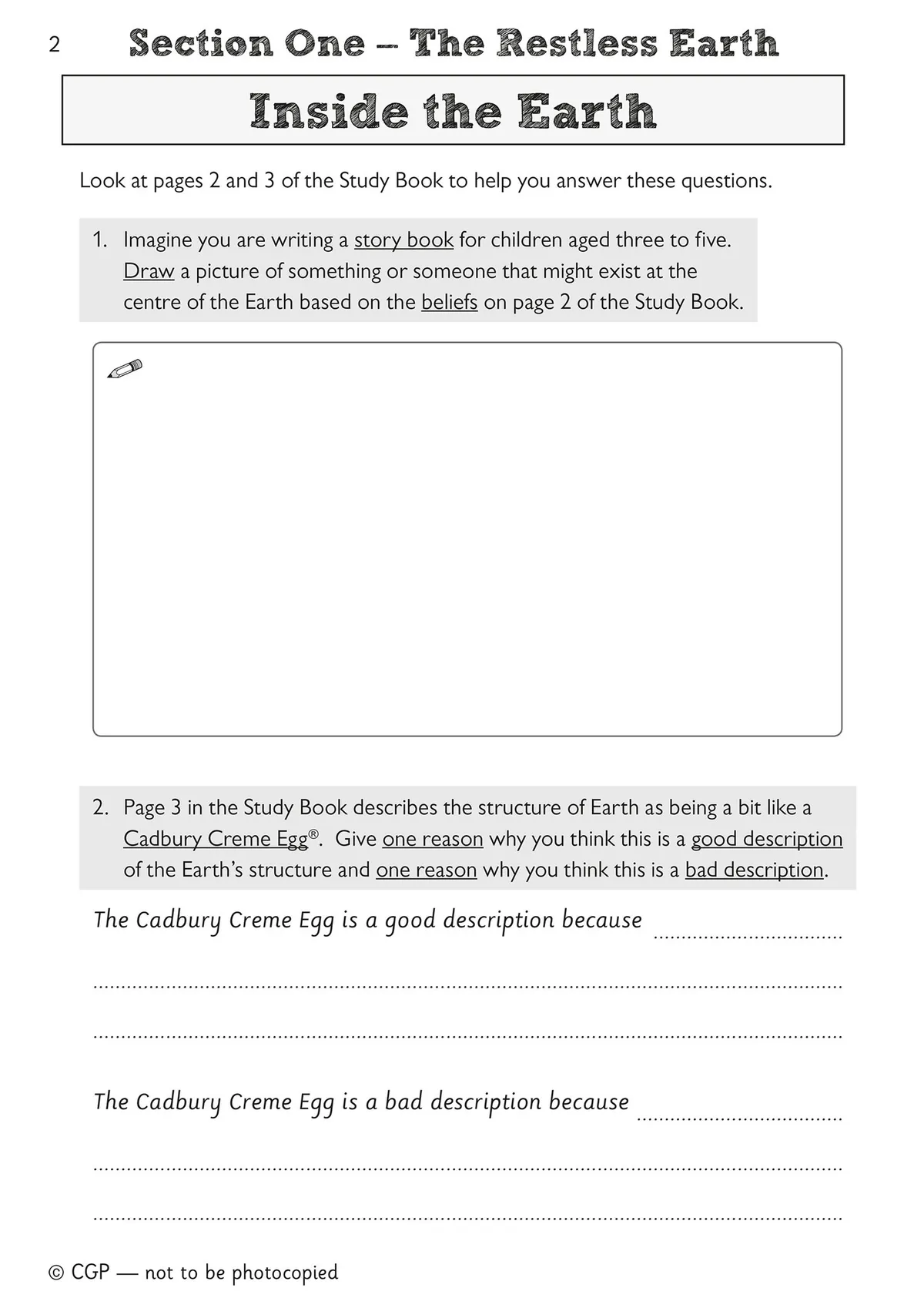 Inside pages of the KS2 Geography Volcanoes and Earthquakes Activity Book showing structured questions and diagrams