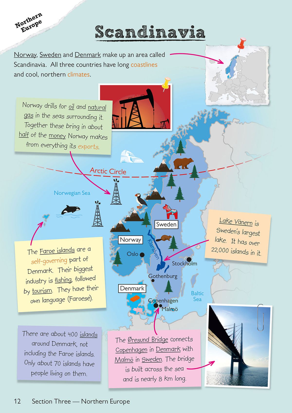 Colourful illustrated map showing Scandinavia with fact boxes about Norway, Sweden and Denmark