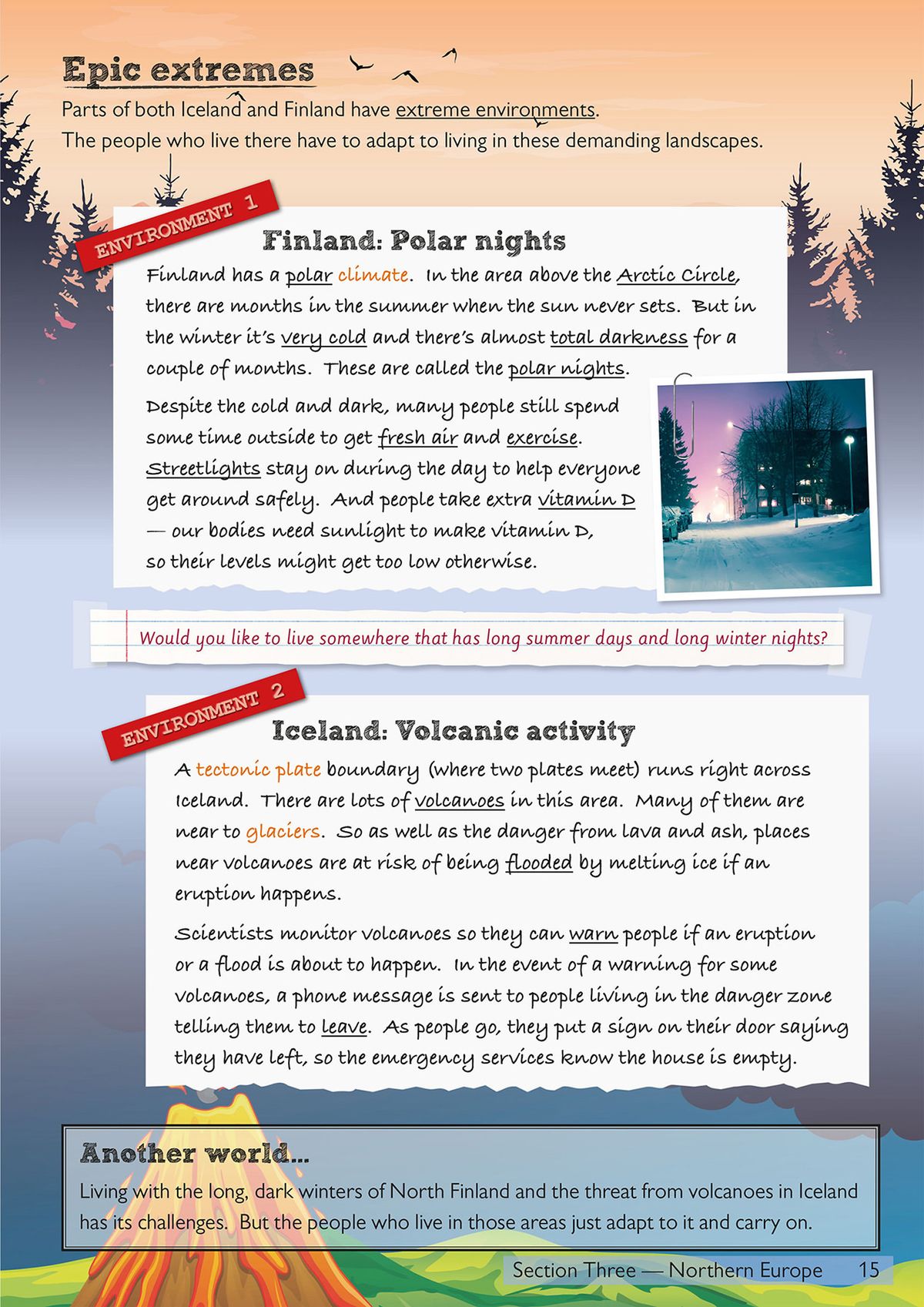 Page showing Epic Extremes section with content about Finland's polar nights and Iceland's volcanic activity