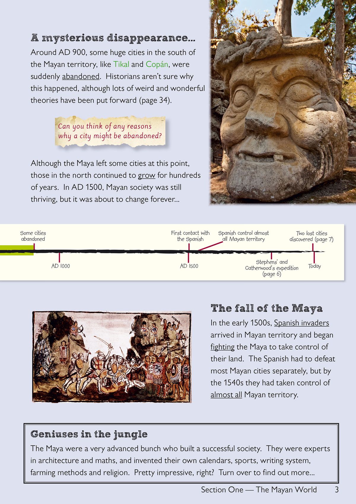 Page spread showing the mysterious abandonment of Mayan cities around AD 900, with a timeline and a large stone carving