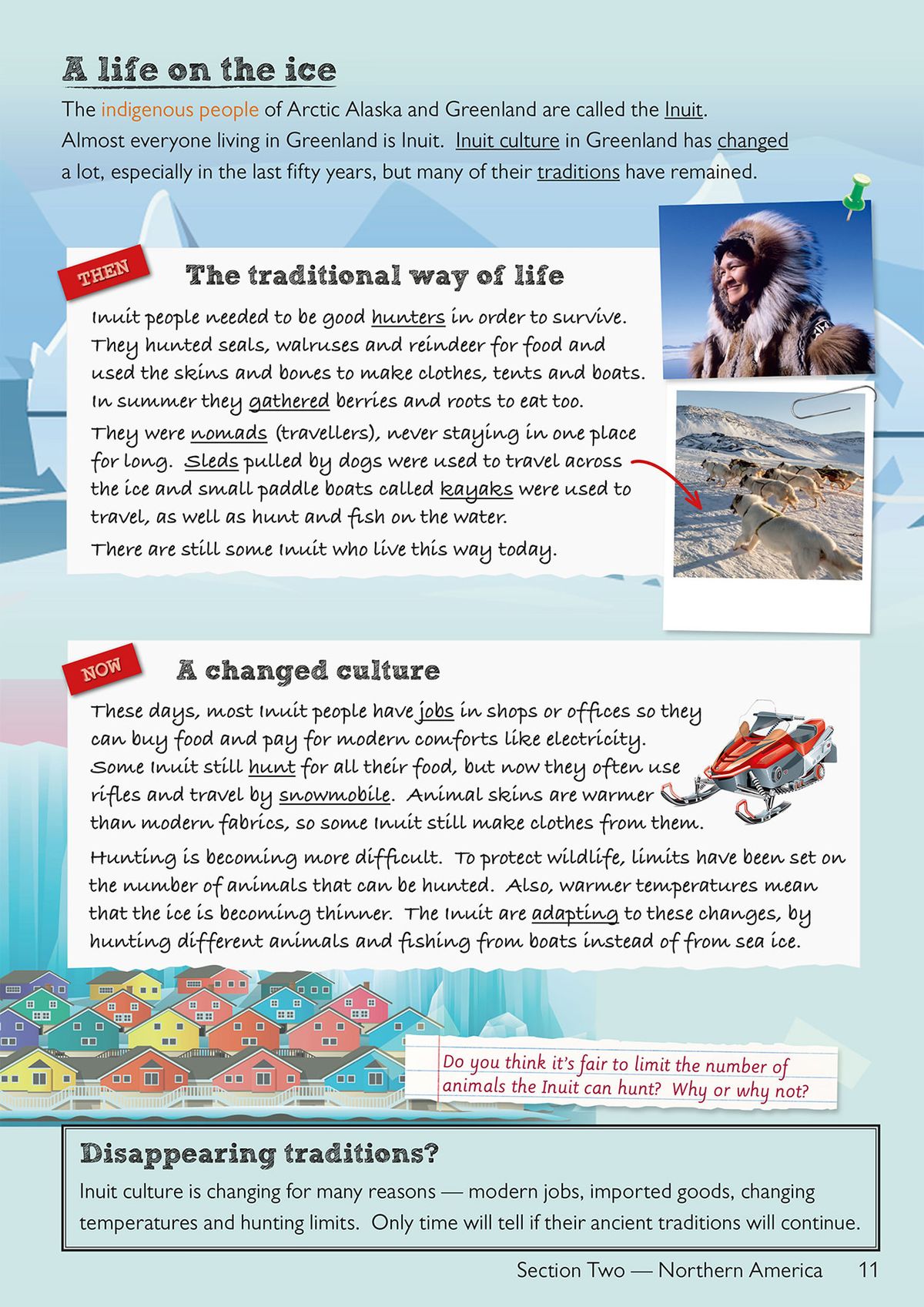 Colourful page showing Inuit culture with traditional and modern lifestyles, including photographs and illustrations