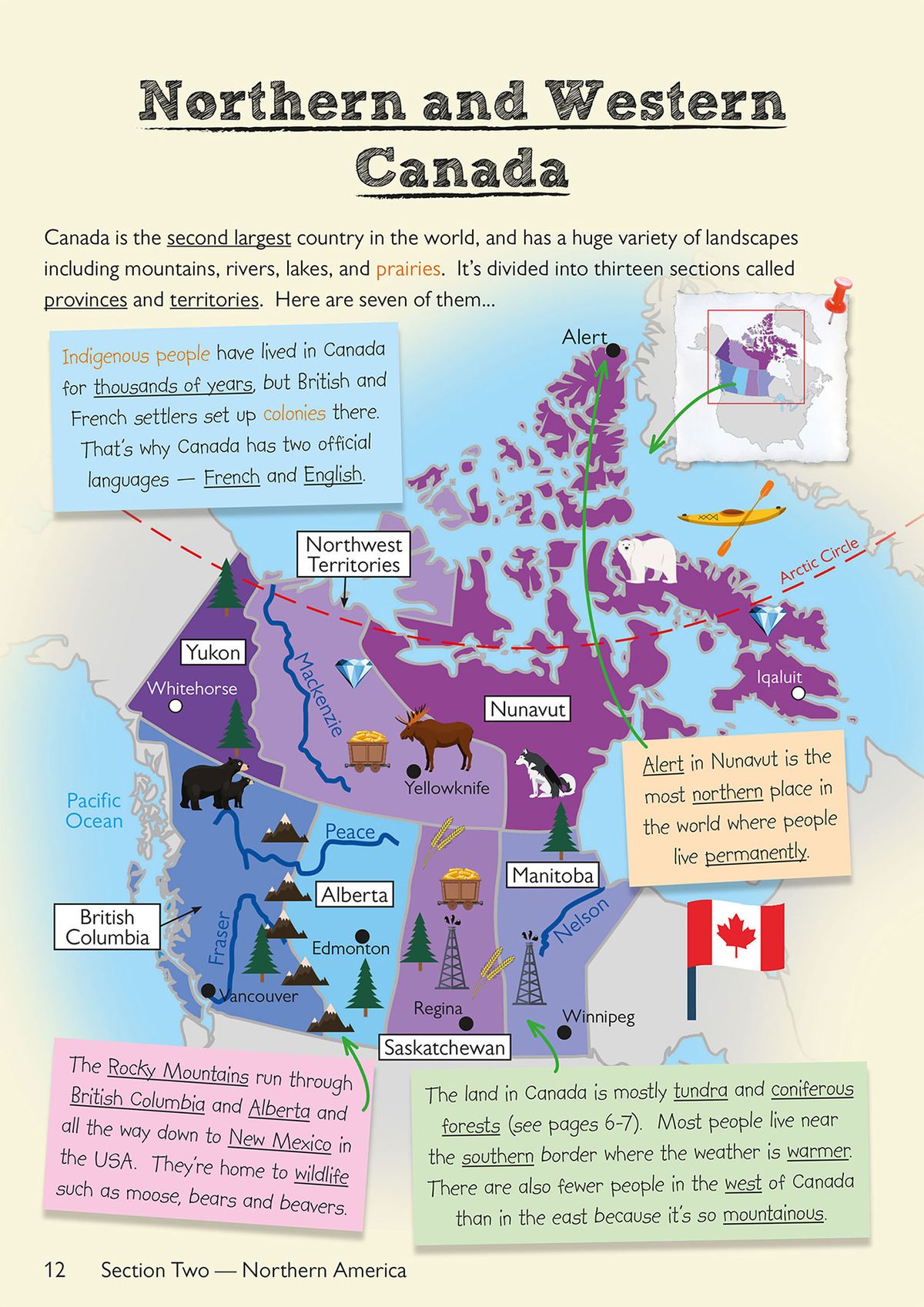 Illustrated map of Northern and Western Canada showing provinces, territories and key geographical features