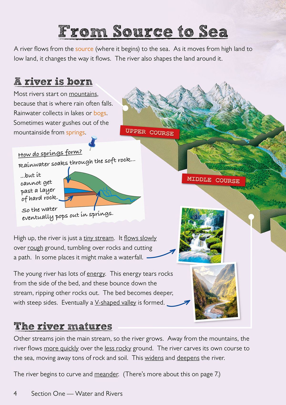 Illustrated page explaining the journey of a river from source to sea