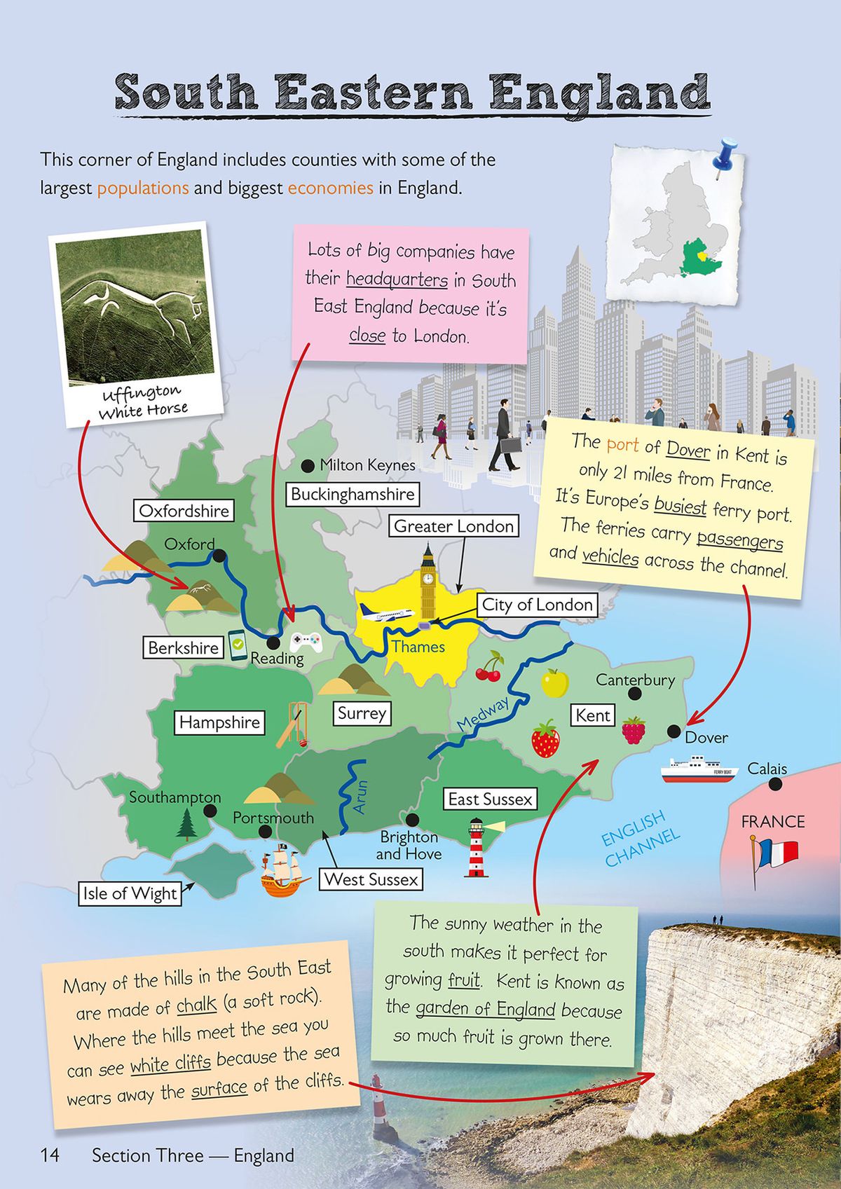 Illustrated map of South Eastern England highlighting counties, landmarks and economic information