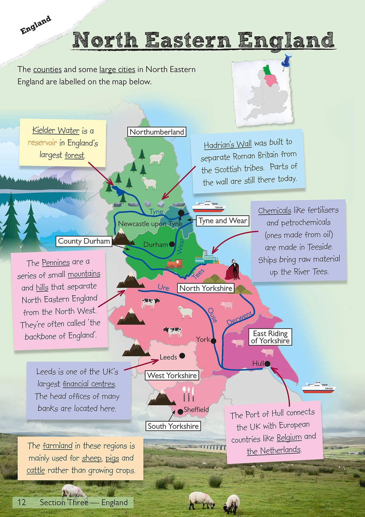 Colourful map page showing North Eastern England with labelled counties, cities and geographical features