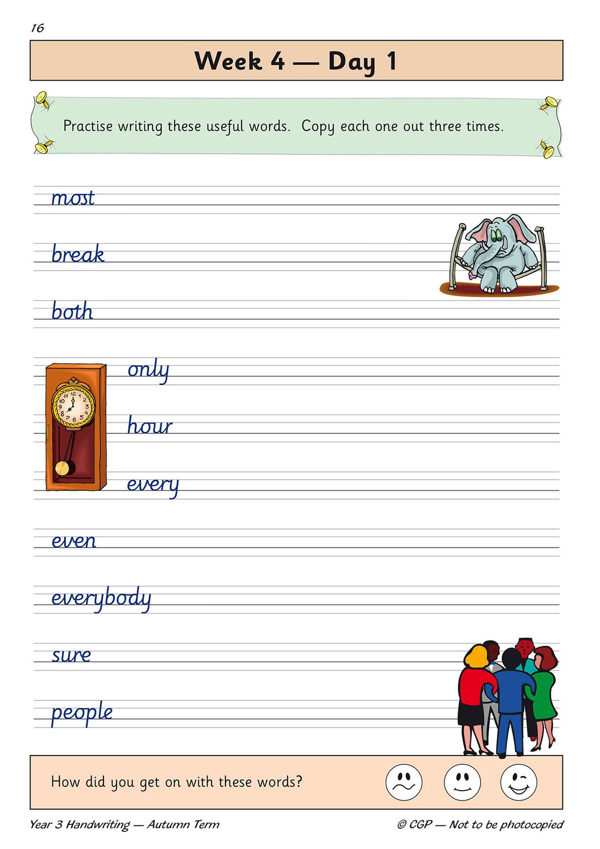 Daily handwriting practice page showing useful words with guided lines and fun illustrations