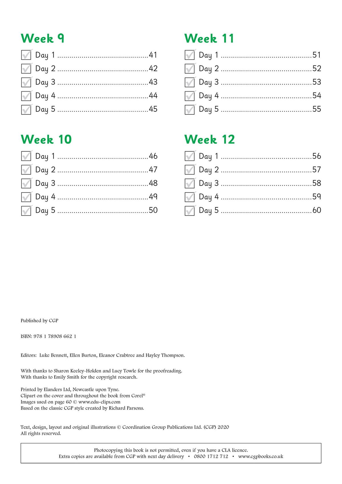 Contents page showing the daily practice structure with weekly checkboxes