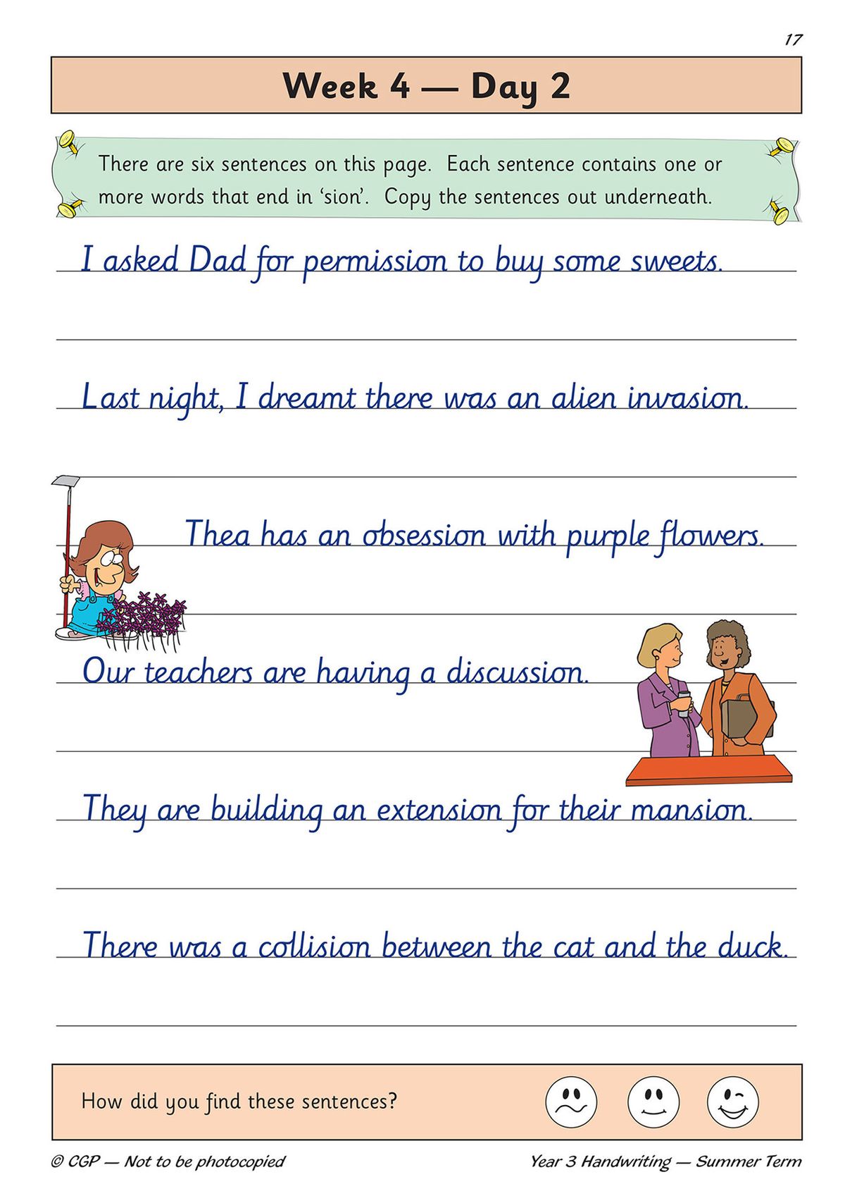 Example practice page showing Week 4 Day 2 with sentences to copy