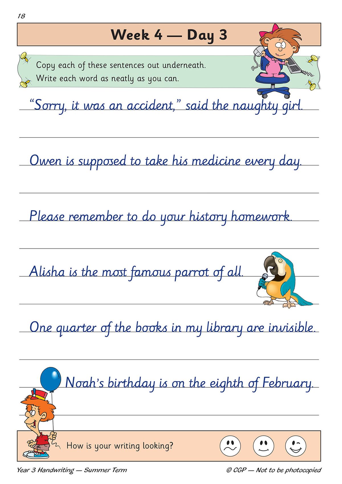 Week 4 Day 3 practice page with sentences and illustrations