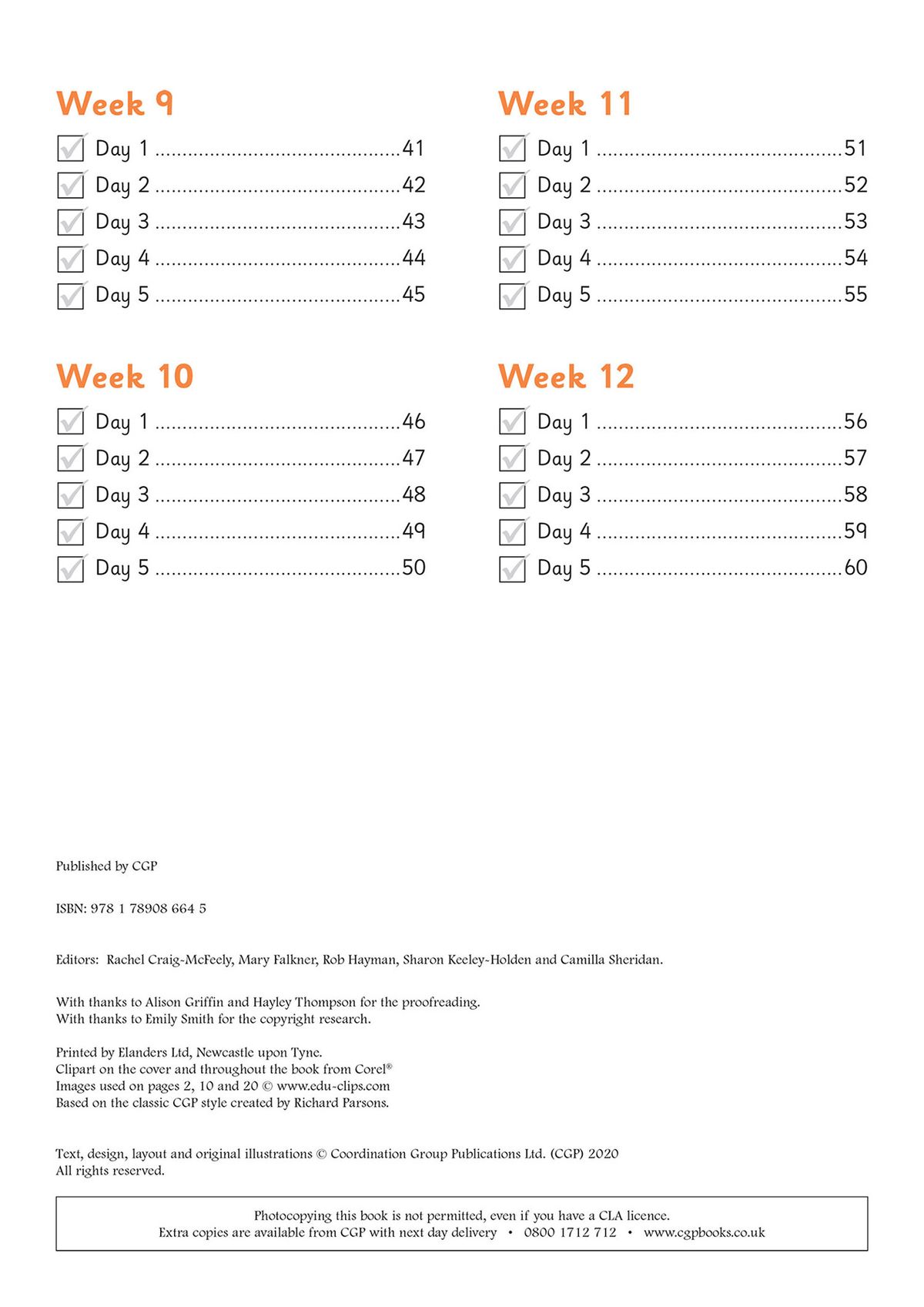 Contents page showing weekly structure with checkboxes for each day of practice