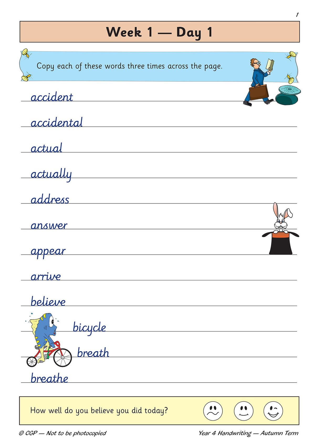 Sample practice page showing word copying exercises with illustrations