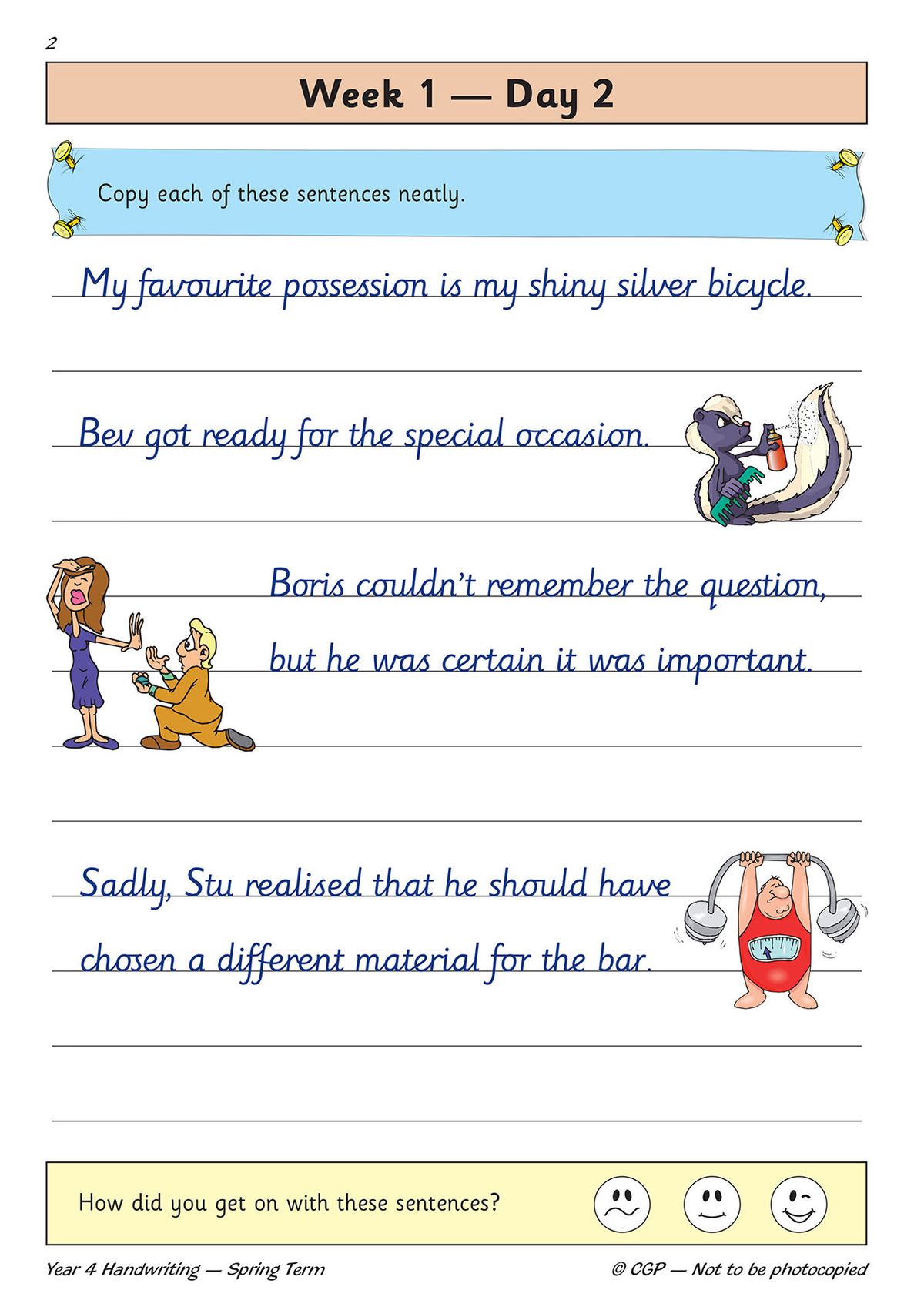 Sample practice page showing sentences to copy with fun illustrations and self-assessment smiley faces