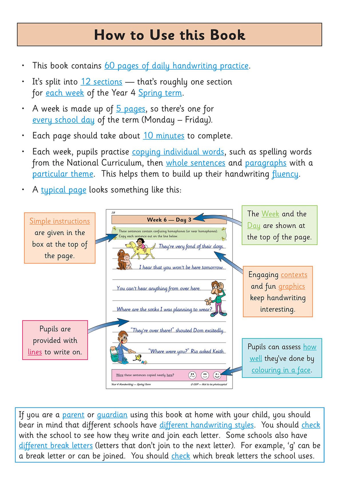 How to Use this Book page explaining the daily practice structure and typical page layout