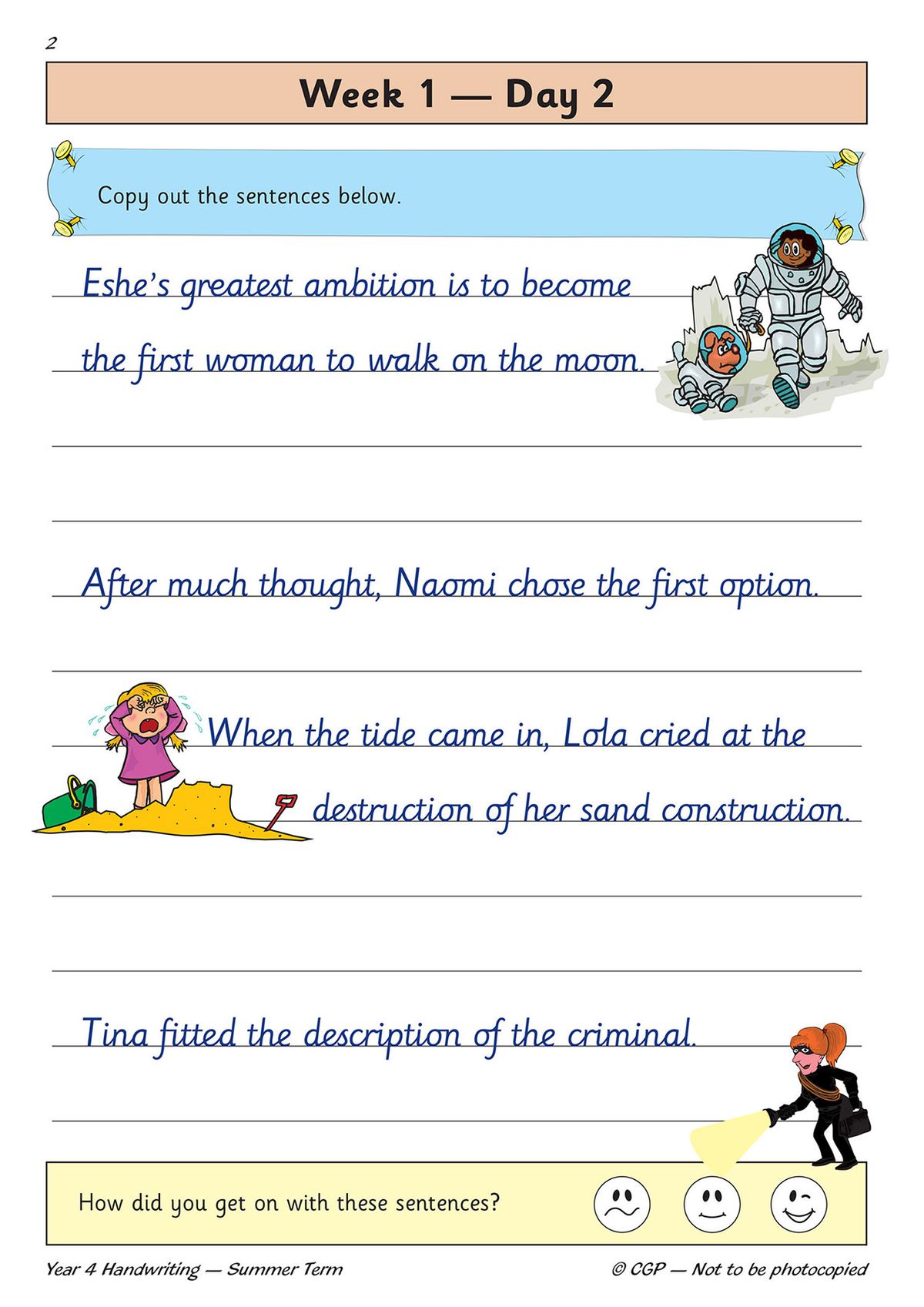 Sample daily handwriting practice page with sentence copying exercises and colourful illustrations