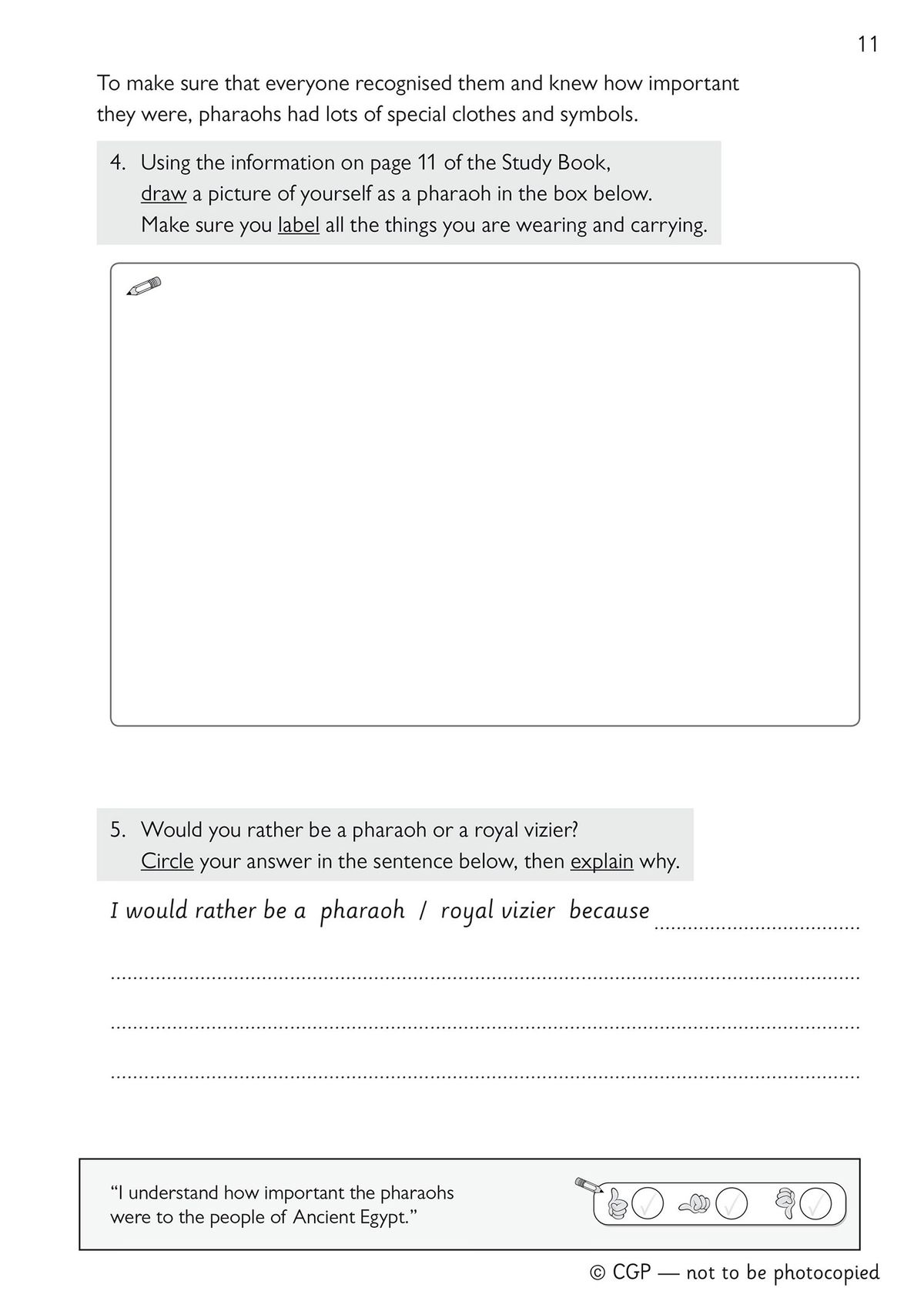 Activity page inviting pupils to draw and label a pharaoh