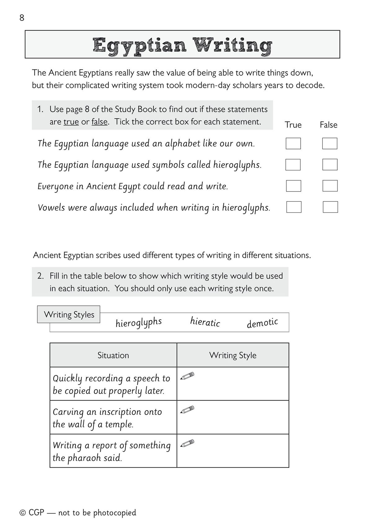 Sample activity page on Egyptian writing systems