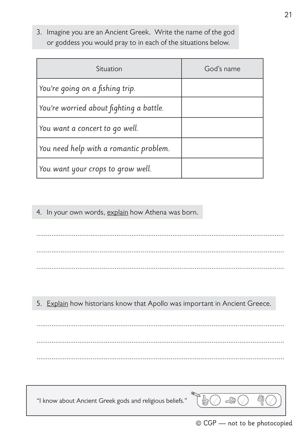Activity page exploring Ancient Greek beliefs and gods