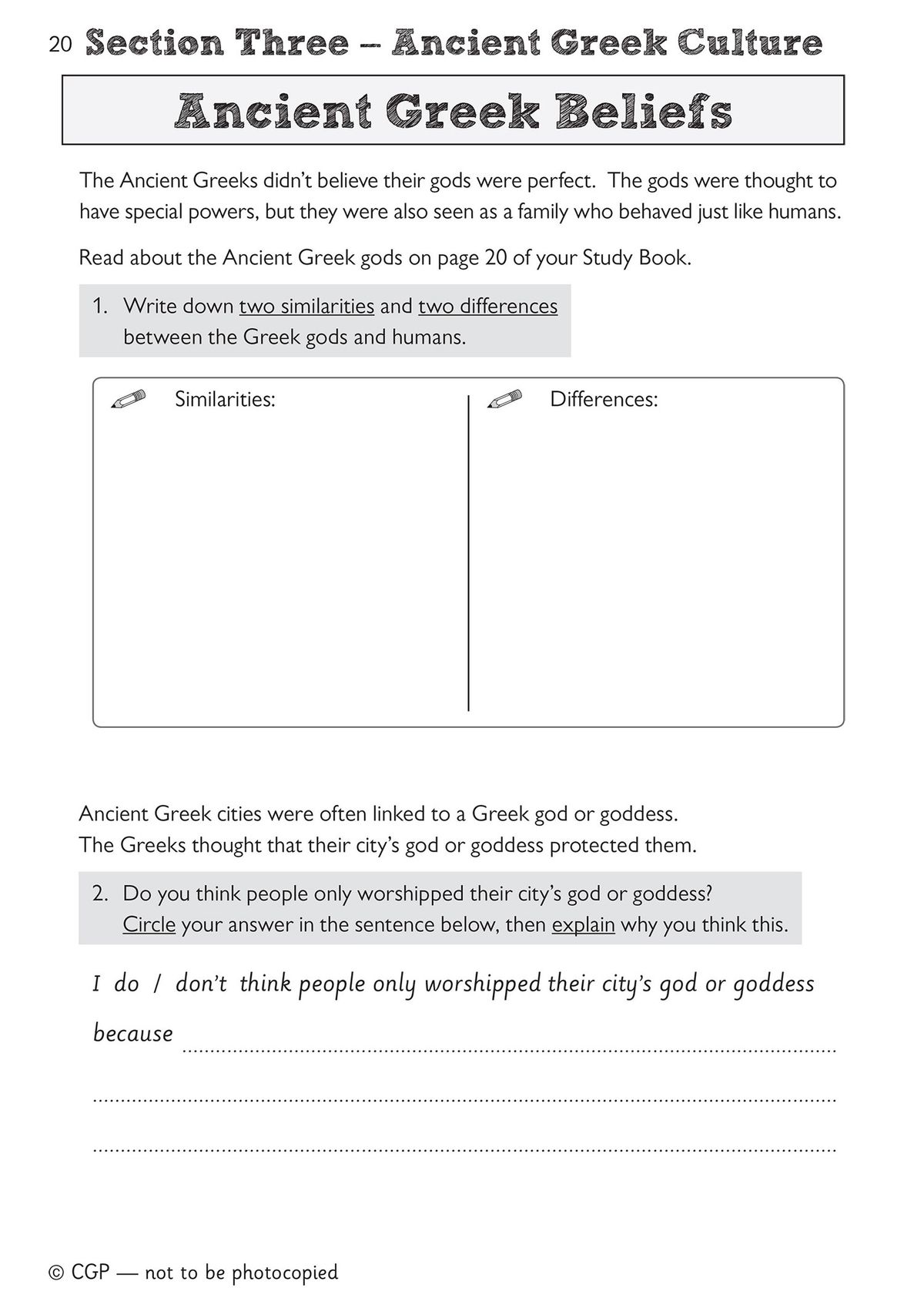 Activity page on Ancient Greek culture with learning objective tick-boxes