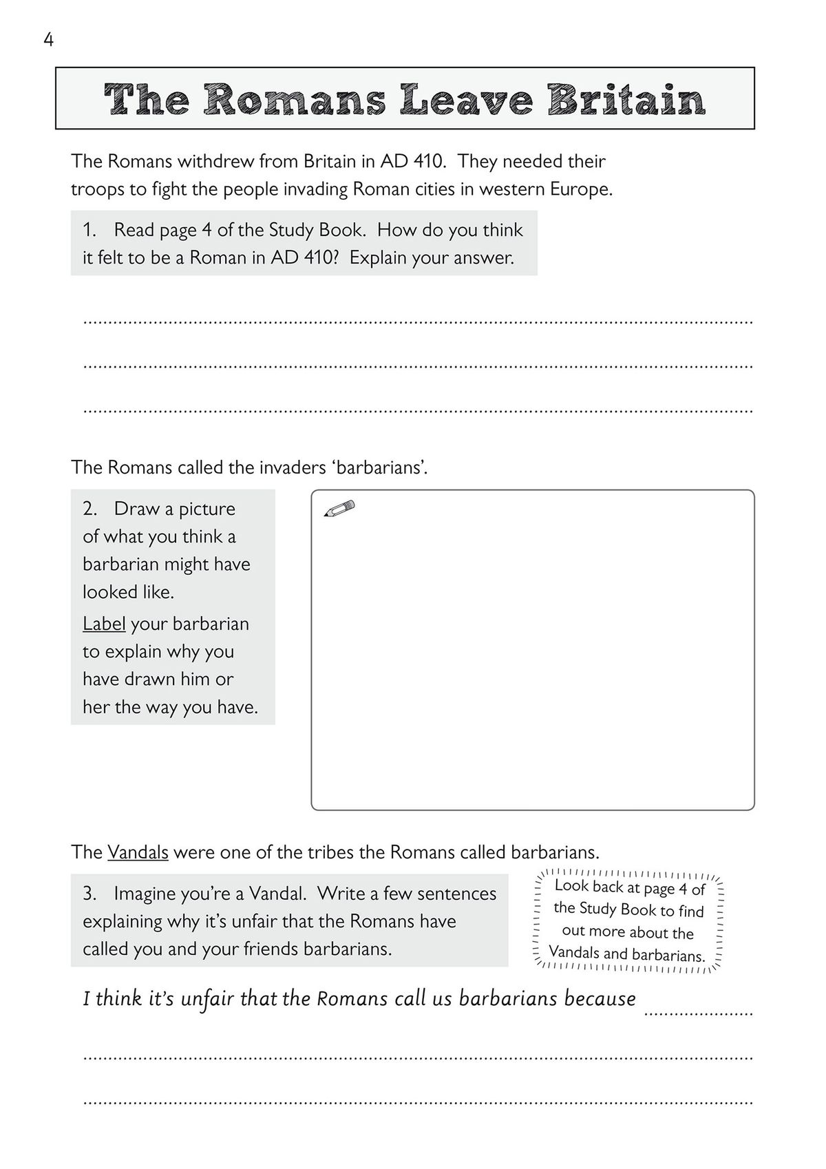 Activity page exploring the Romans leaving Britain and understanding the term 'barbarians'