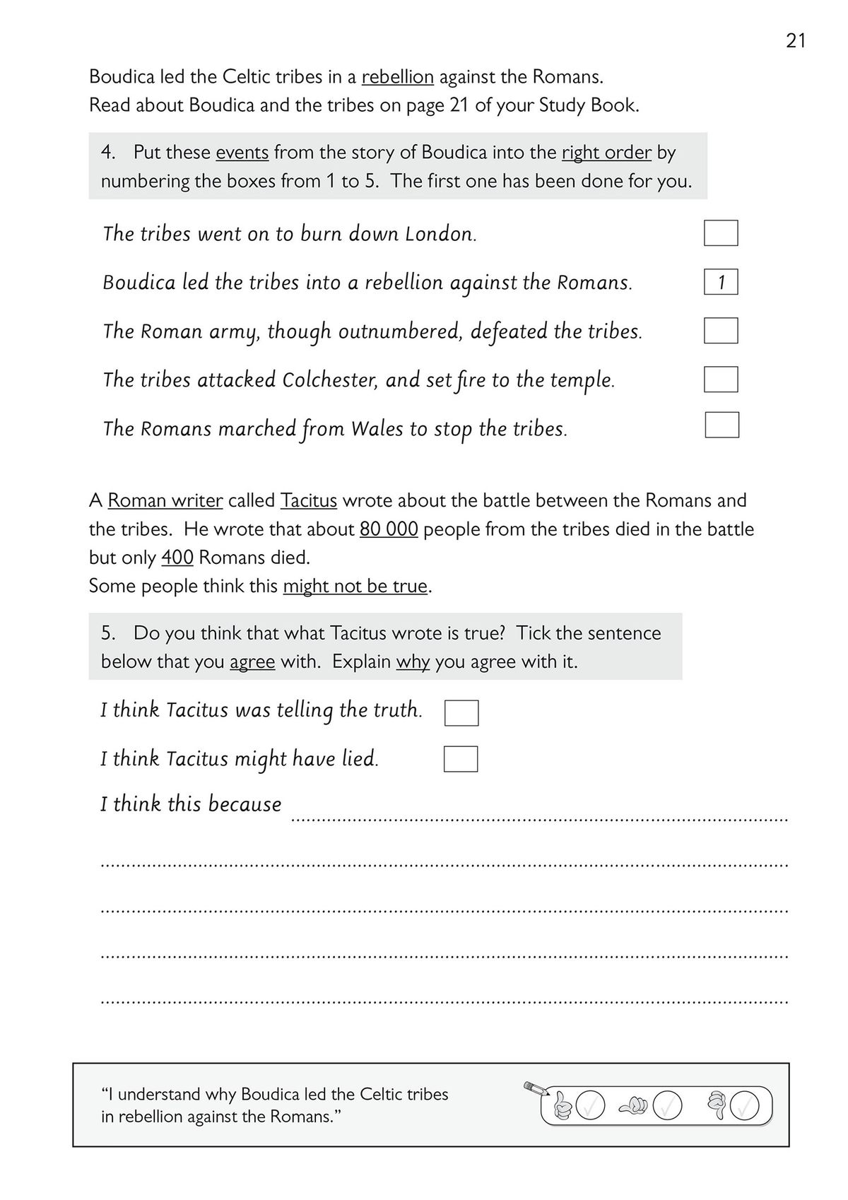 Sample activity page showing questions about Boudica's rebellion against the Romans