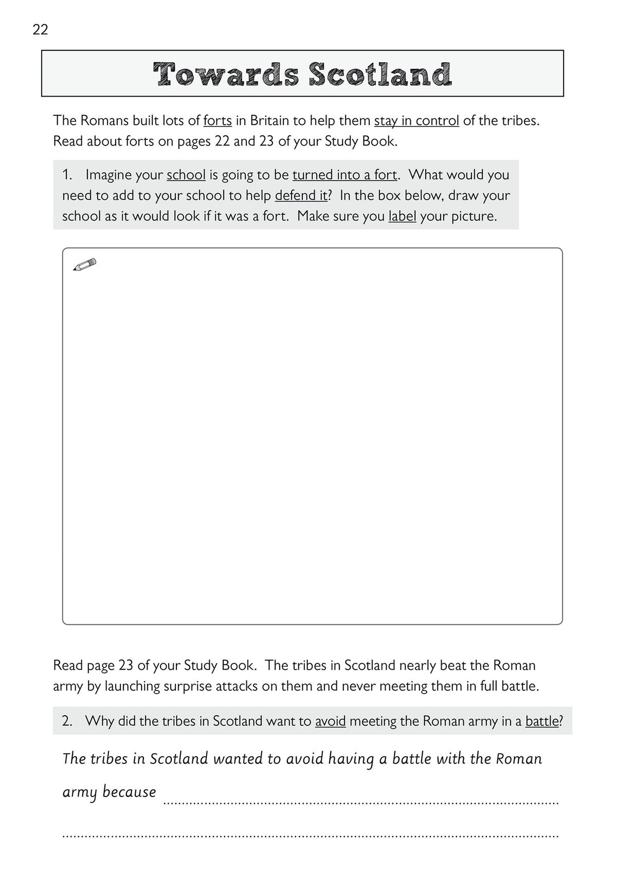 Activity page about Roman forts in Scotland with space for pupils to draw and explain