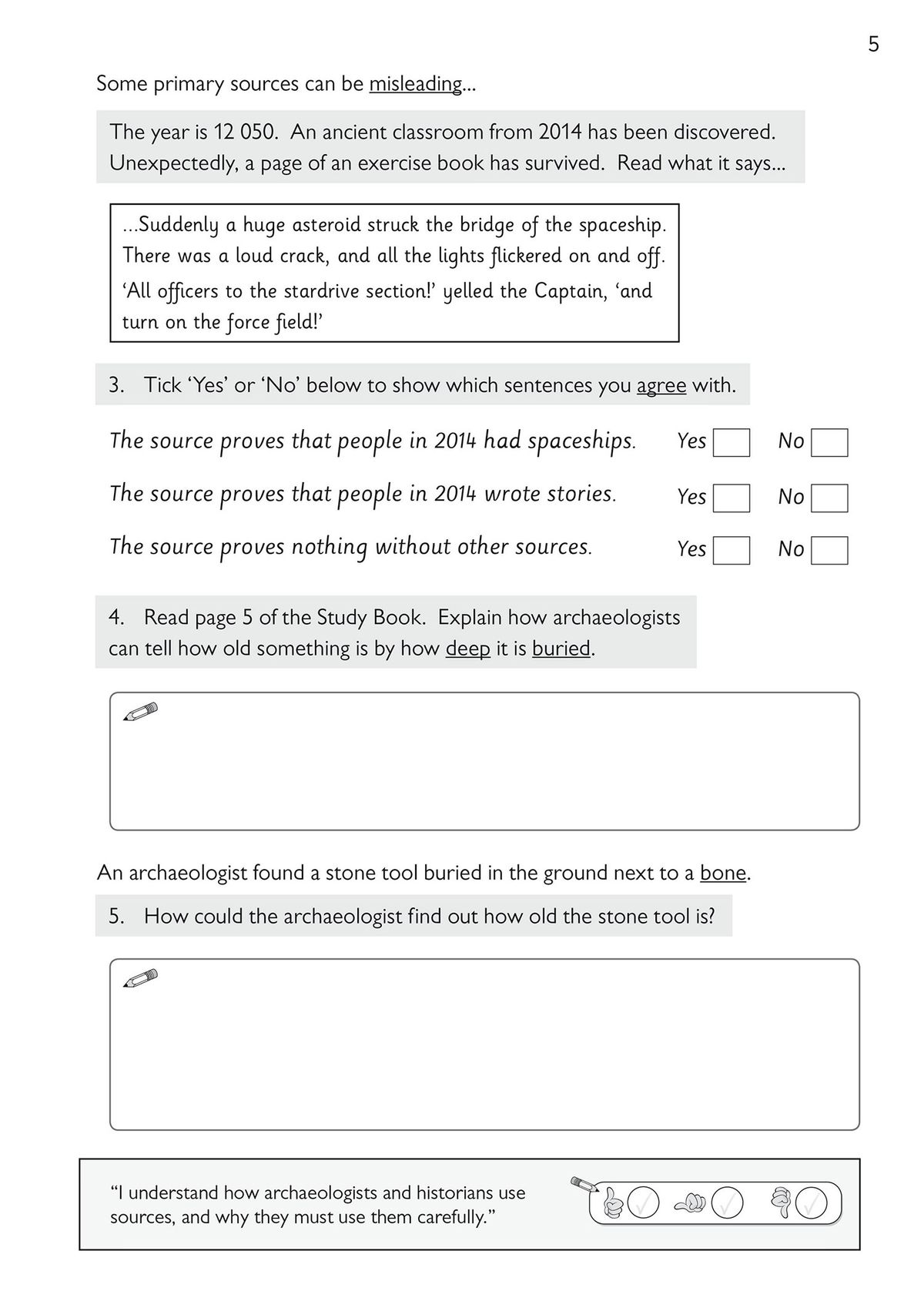 Inside page showing prehistoric archaeology and material survival questions
