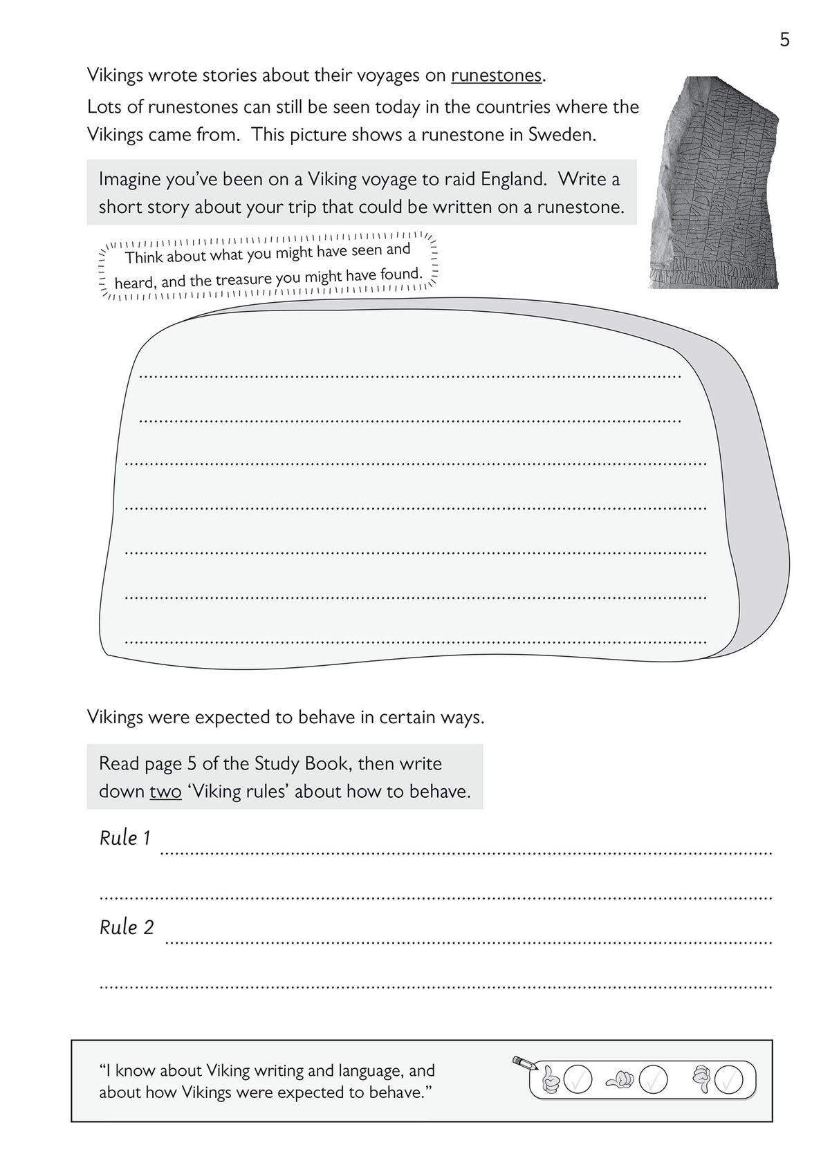 Sample page with creative writing prompts about Viking voyages and behaviour rules