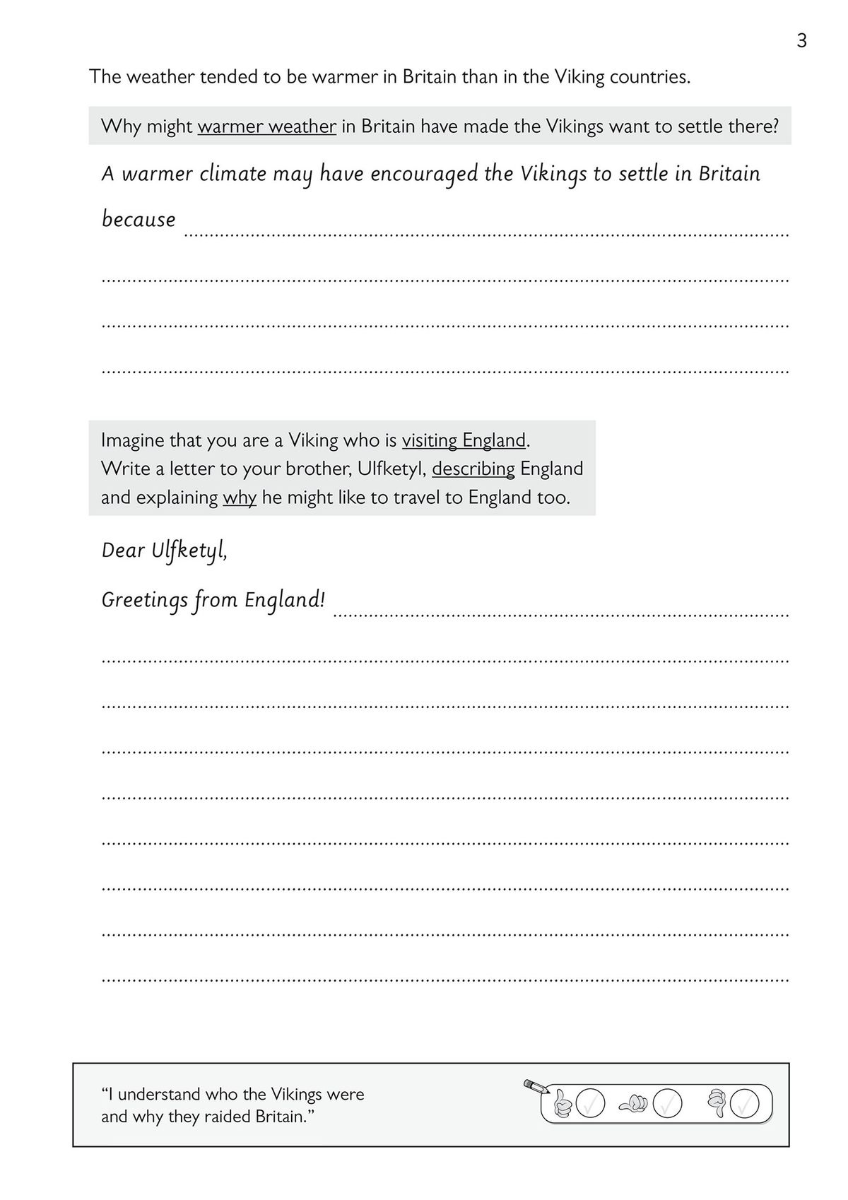 Sample page showing a comprehension question about Viking climate and a creative writing task