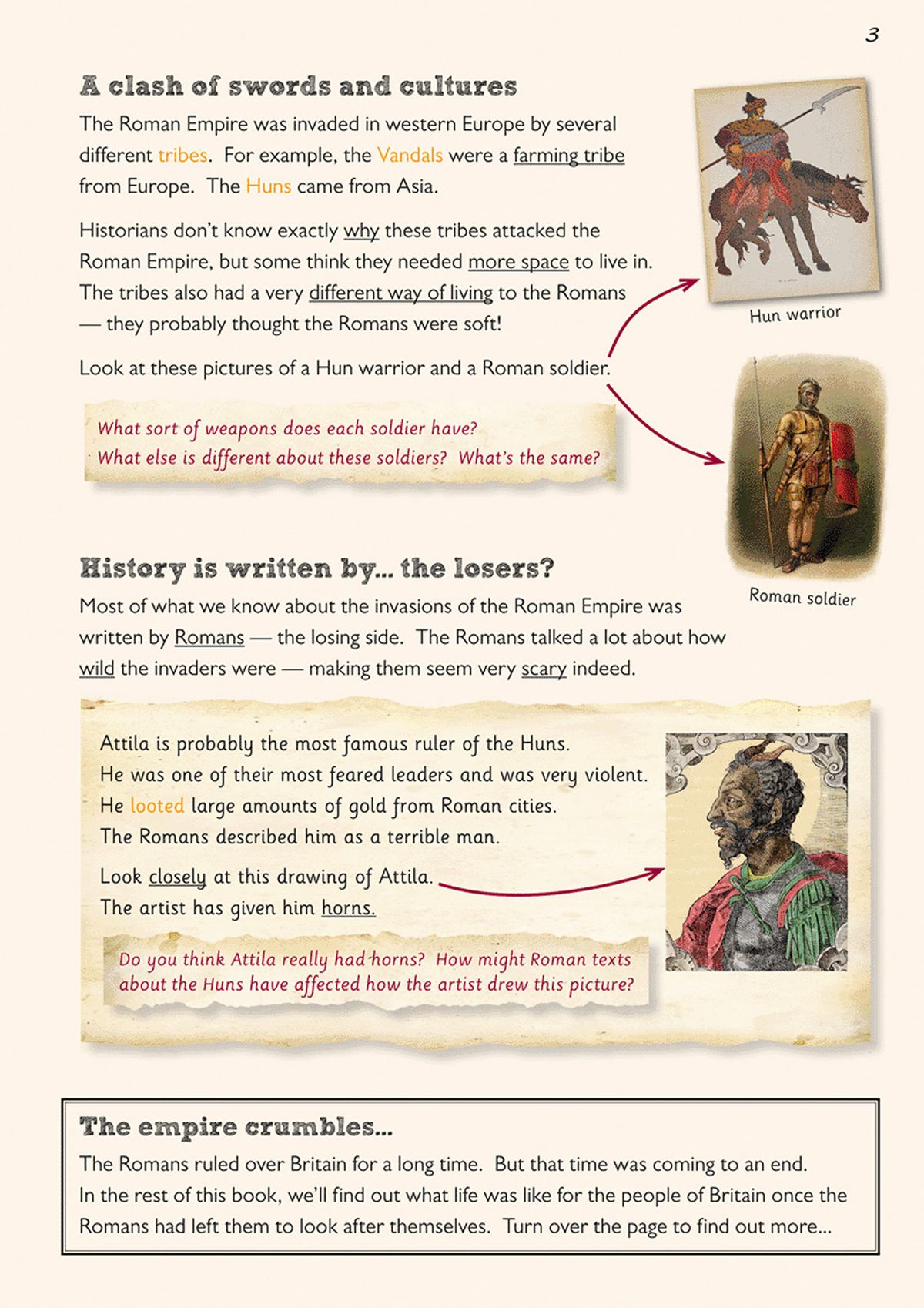 Inside pages showing a clash of tribes with illustrations of Hun and Roman warriors, and questions about historical sources