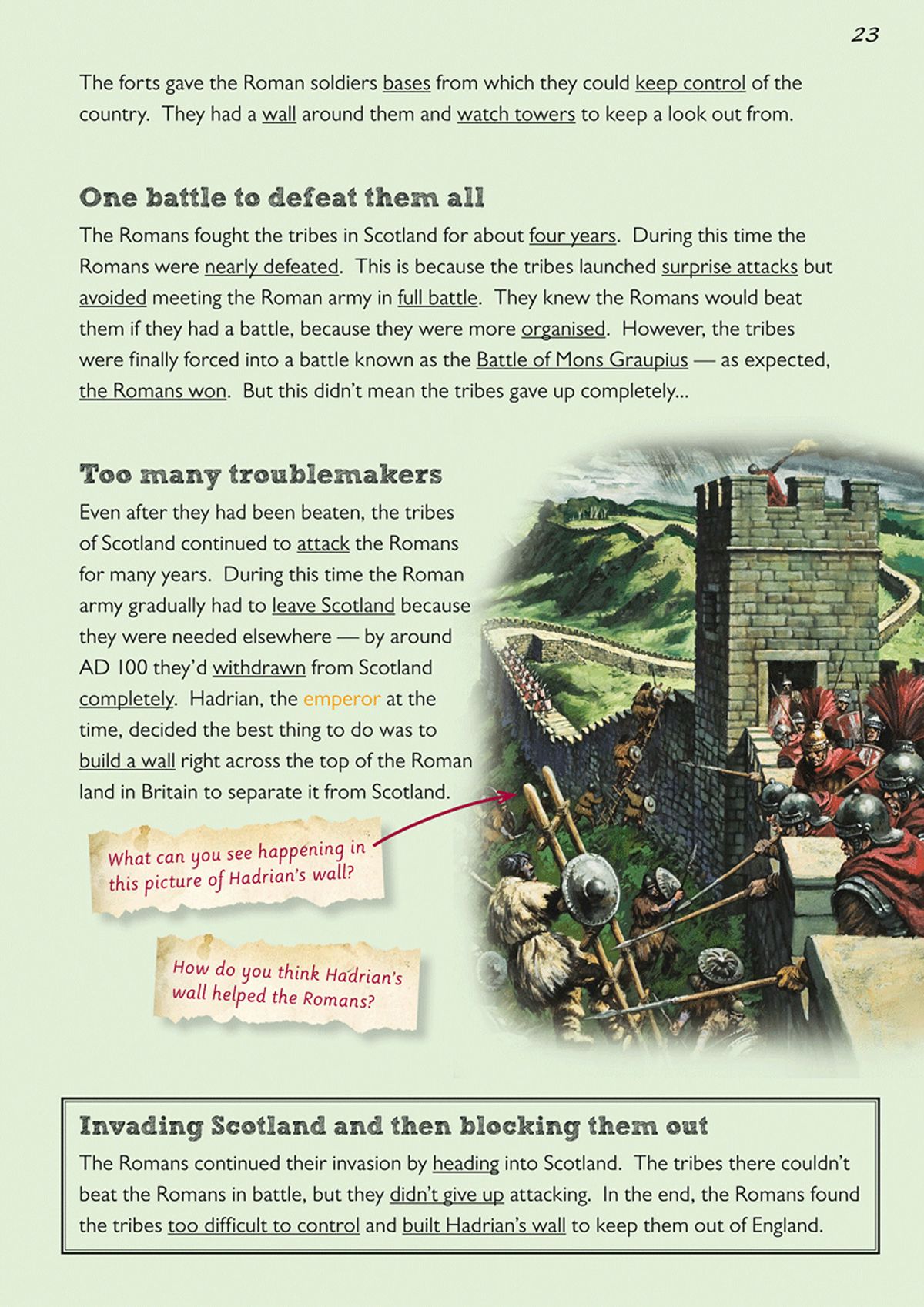 Page showing Hadrian's Wall with detailed illustration of Roman soldiers and interactive questions