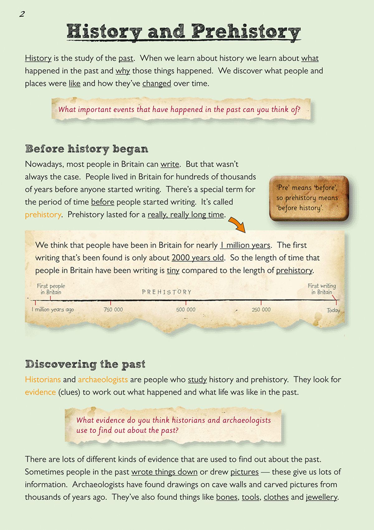 Inside pages showing History and Prehistory introduction with timelines and definitions