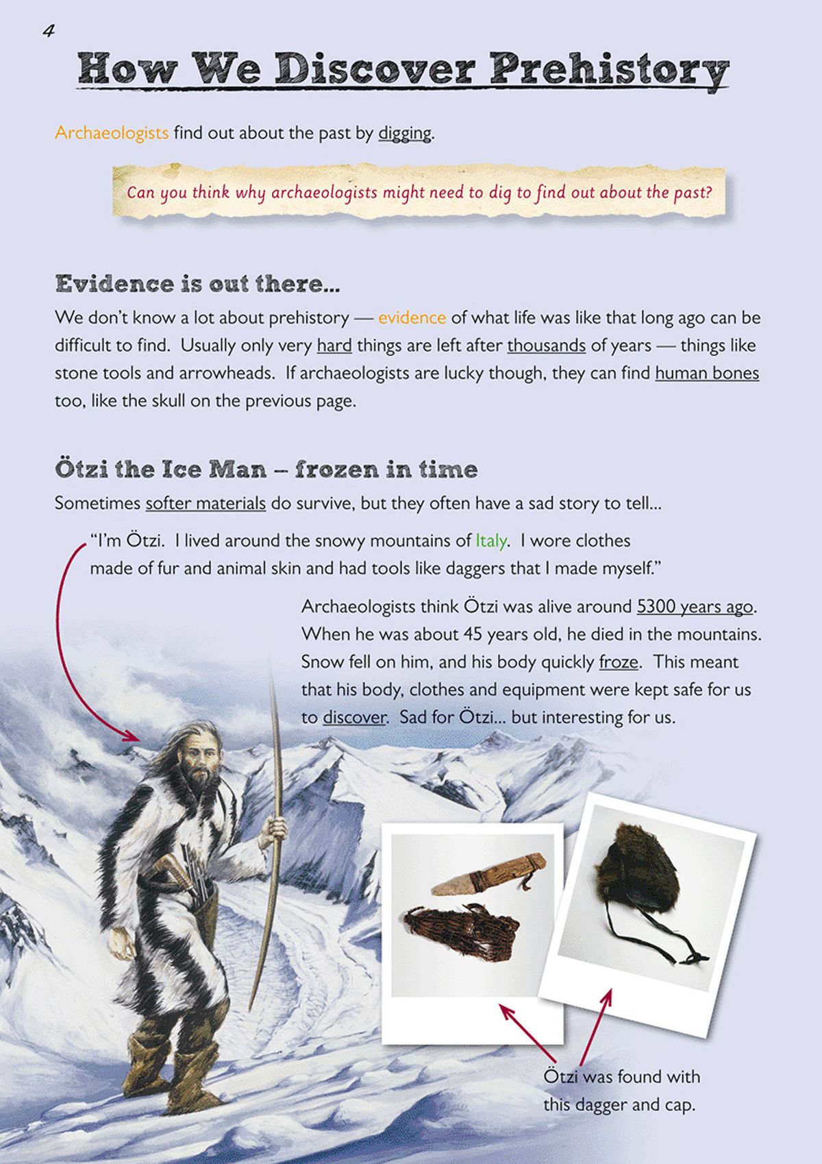 Spread about discovering prehistory, featuring &Ouml;tzi the Ice Man with illustrations and photographs