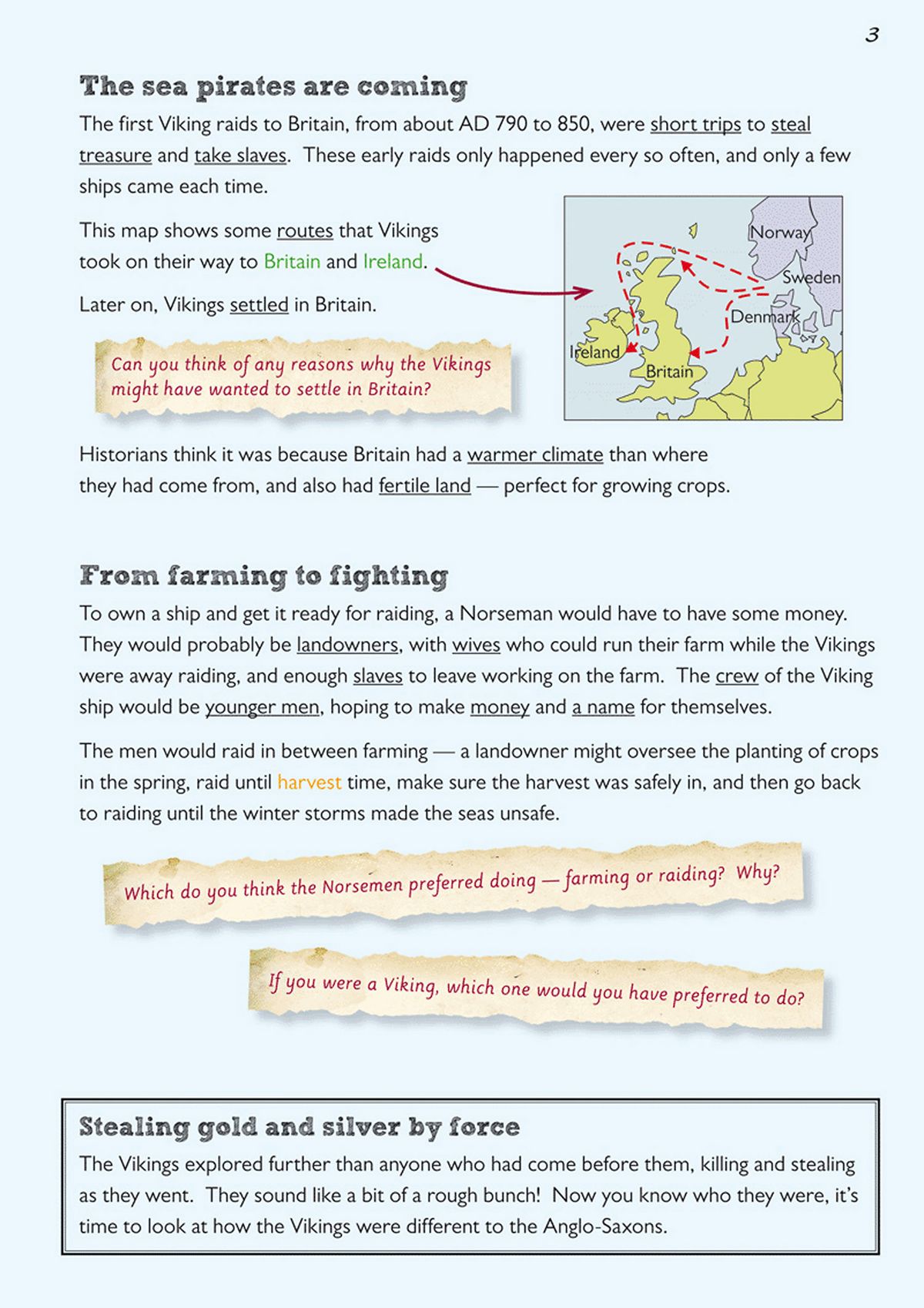 Page showing Who Were The Vikings with timeline, maps and illustrations of longships