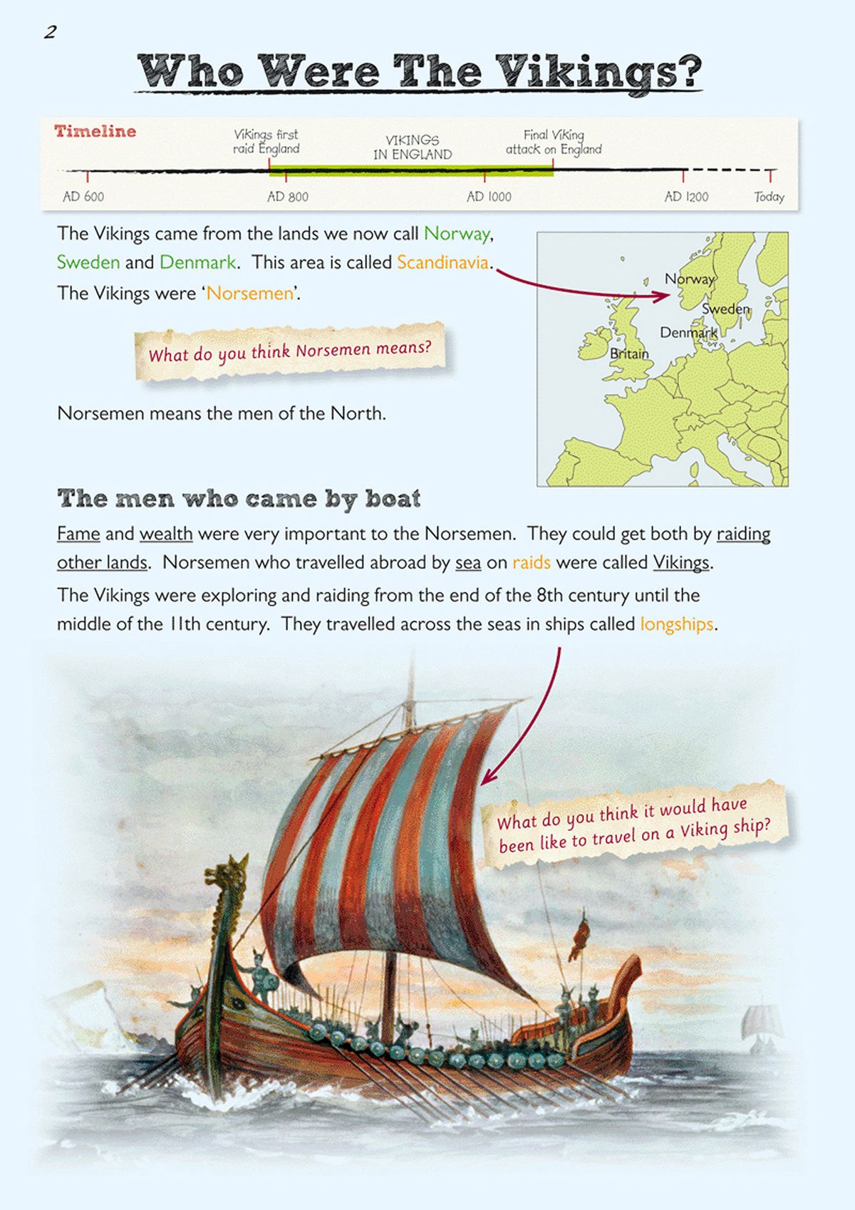 Page explaining sea pirate raids, Viking routes and the transition from farming to fighting