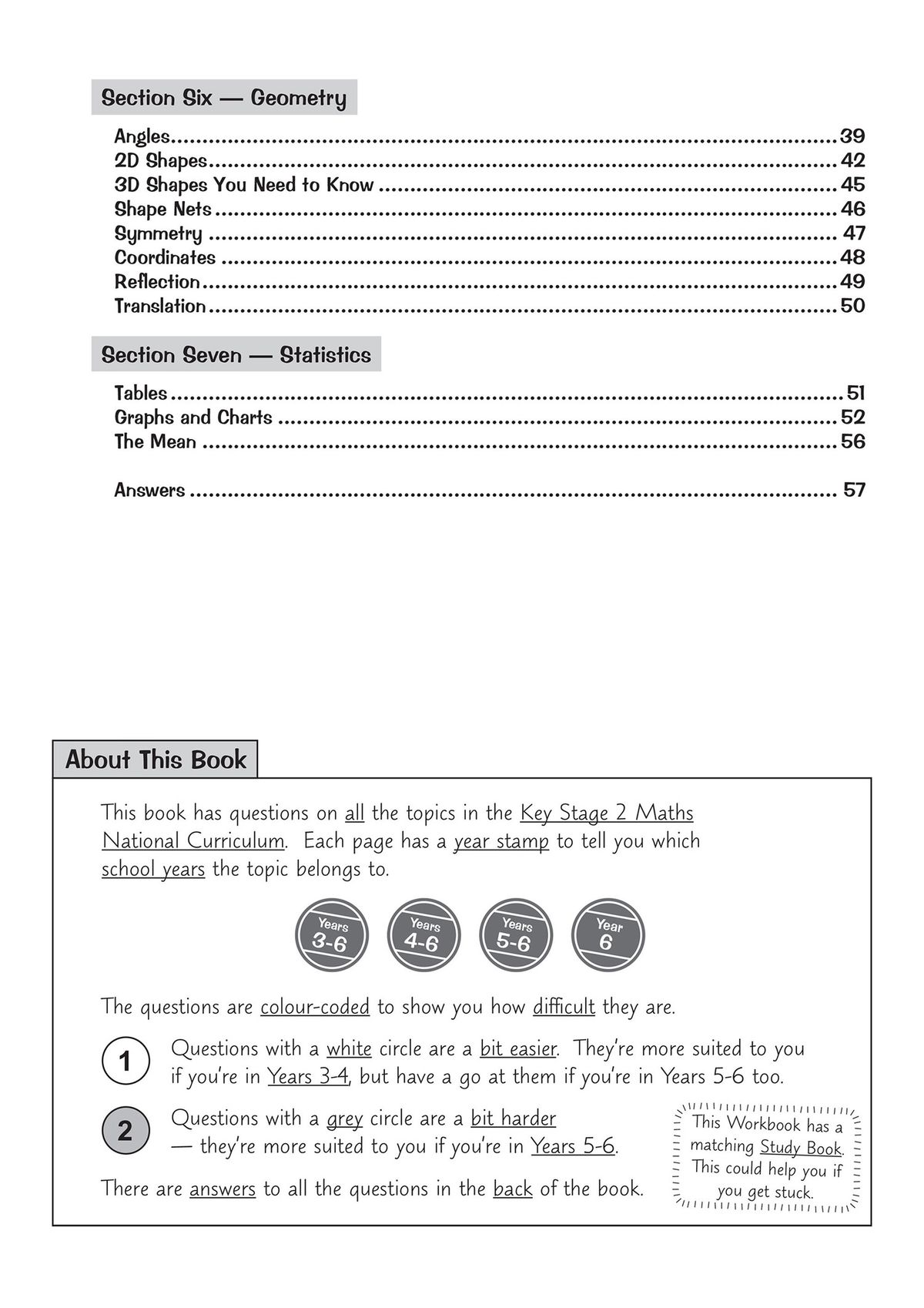 Contents page showing Geometry and Statistics sections with answers included