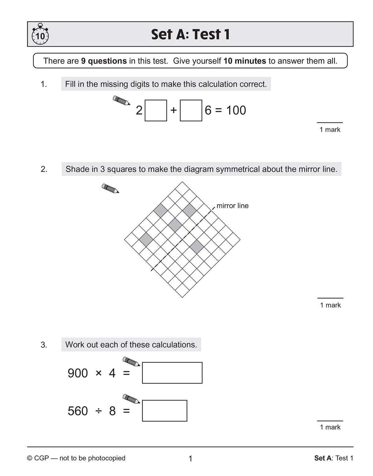 Sample interior pages showing SATs-style maths questions and answer spaces