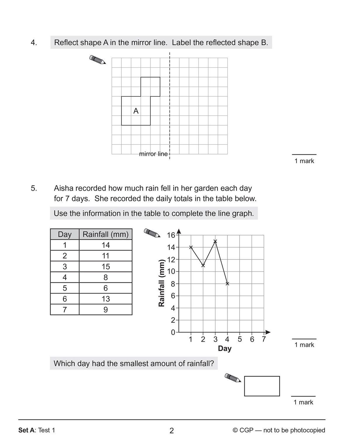 Sample test page showing KS2 Maths questions including fractions, rounding, and time-telling