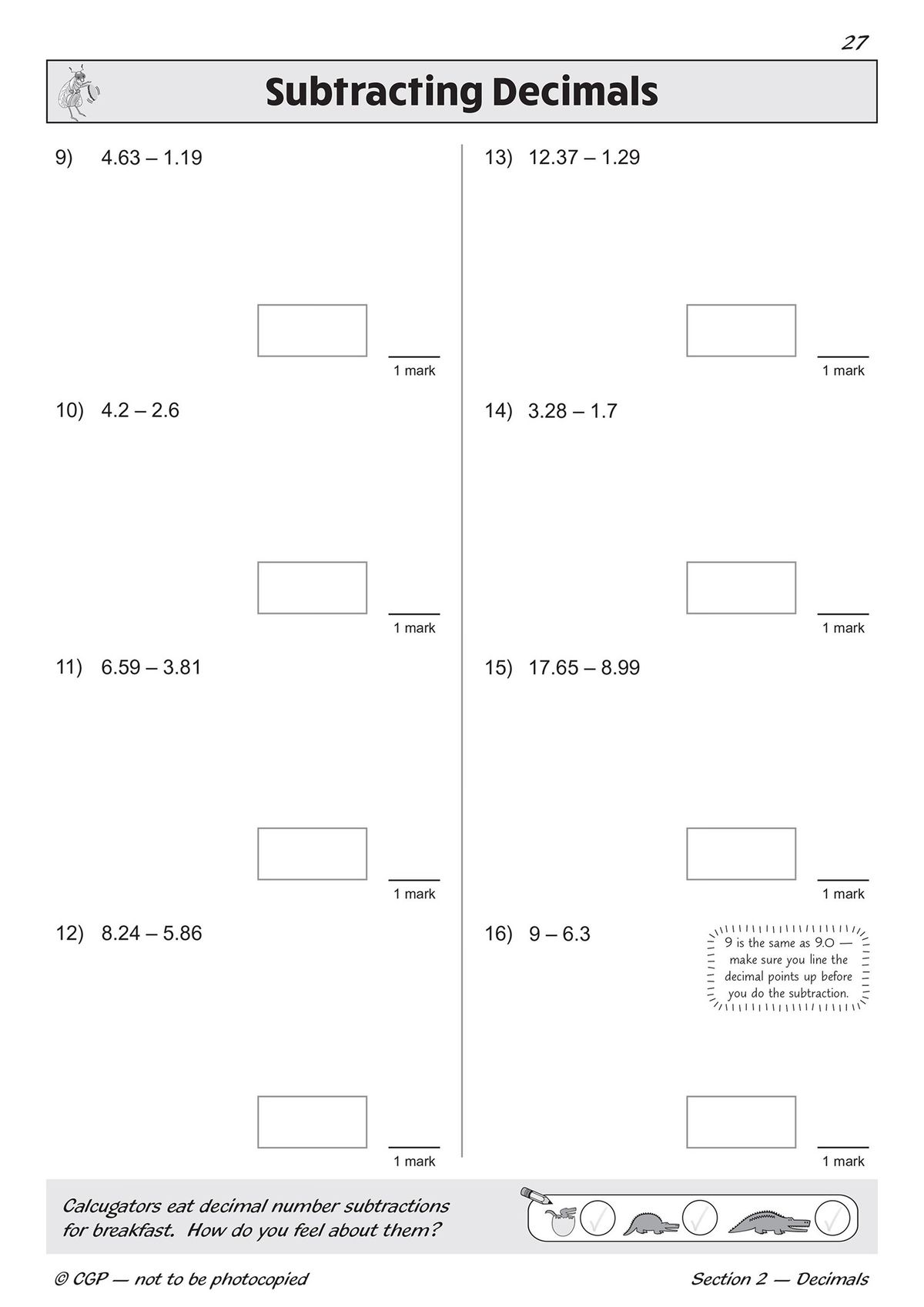 Sample page showing adding decimals questions with answer boxes and helpful tips