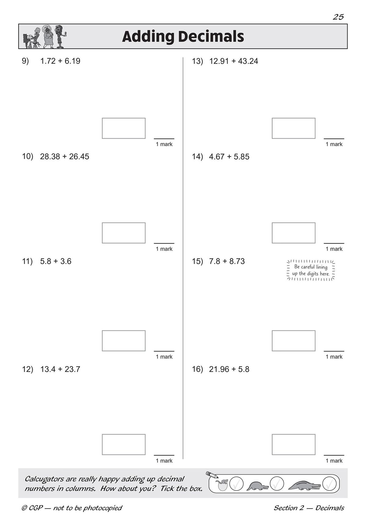 Sample page showing subtracting decimals questions with answer boxes and margin tips