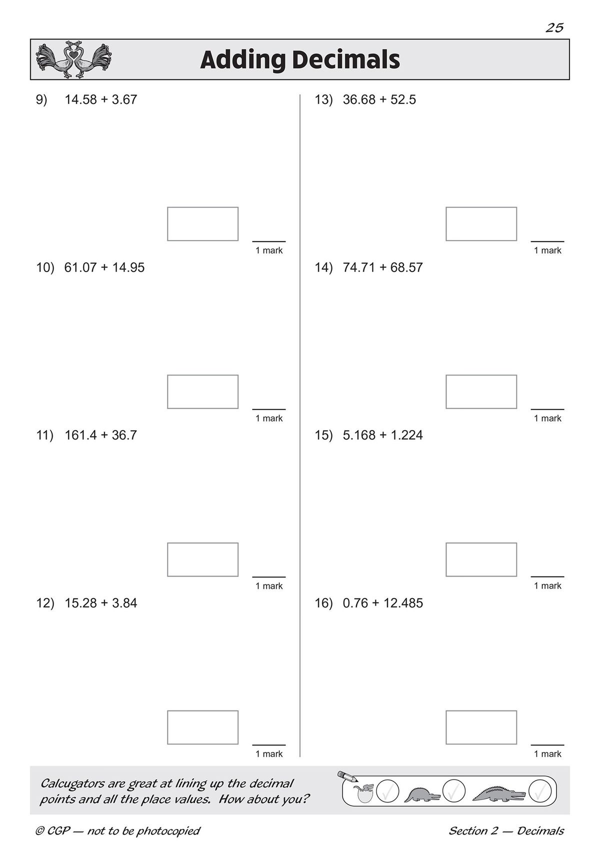Sample page showing adding decimals questions with answer boxes and one-mark scoring