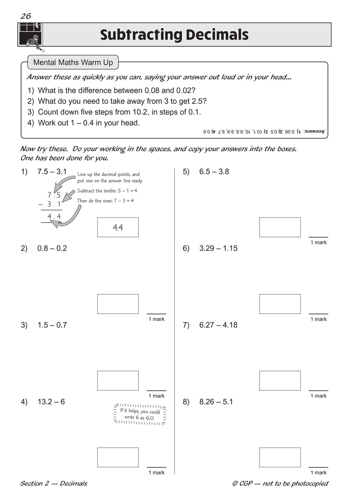 Sample page showing subtracting decimals with mental maths warm-up and worked example