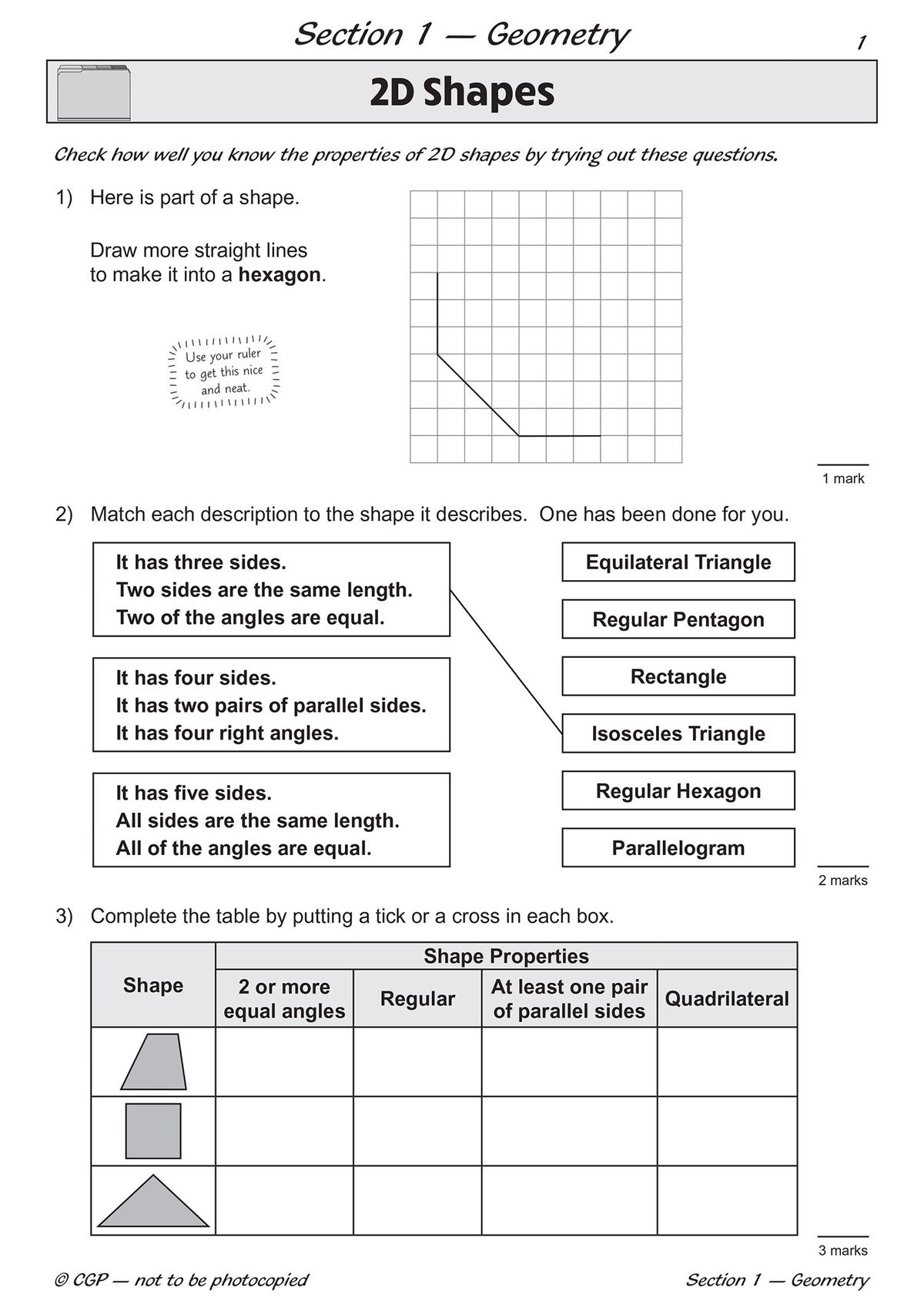 Sample page showing 2D shapes practice questions with matching and table activities