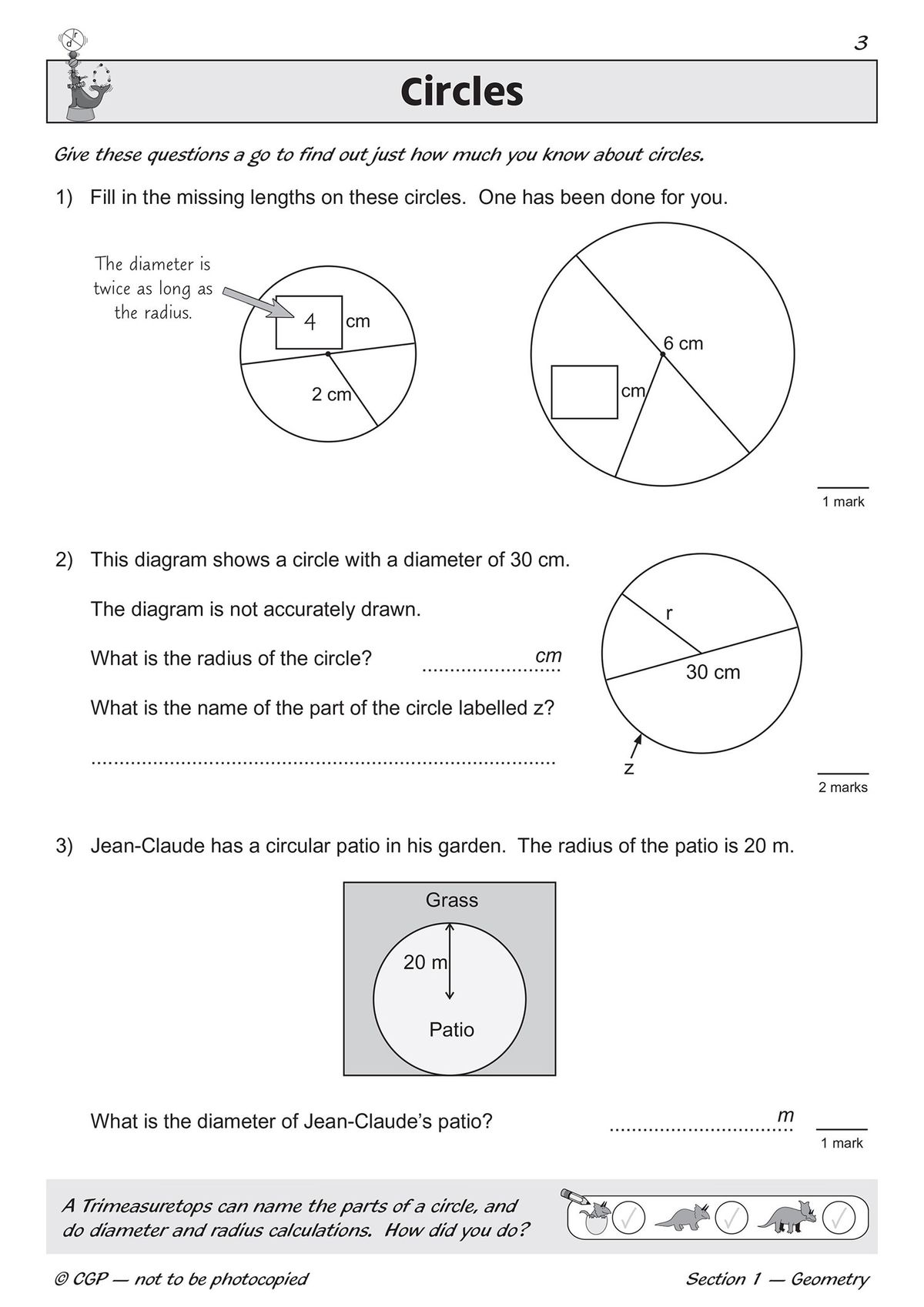 Sample page showing circles questions with radius, diameter and real-world problem-solving