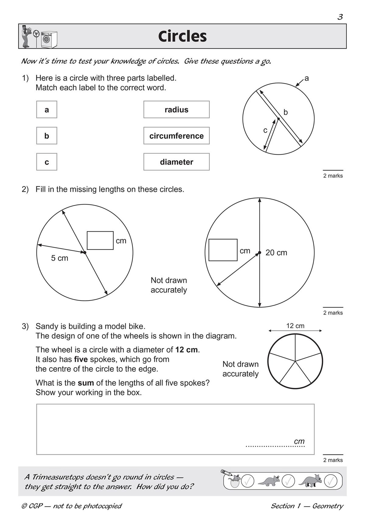 Sample inside pages showing geometry questions on 2D shapes and circles