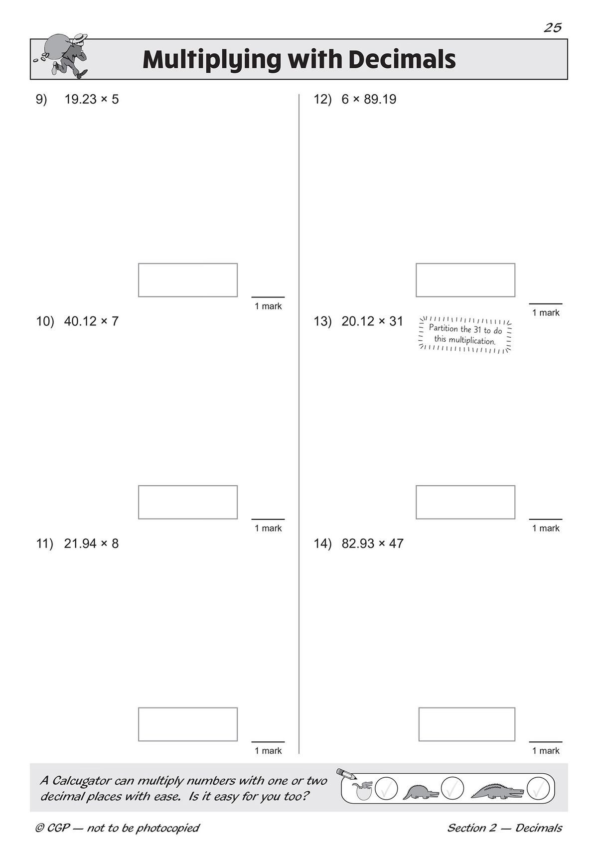 Sample page showing decimals addition questions with mental maths warm-up and worked example