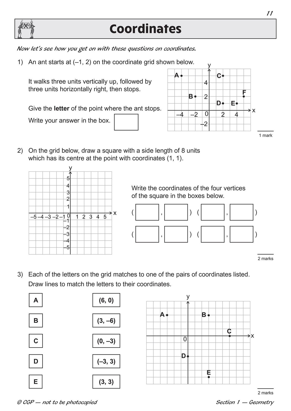 Coordinate grid questions with squares and plotting exercises